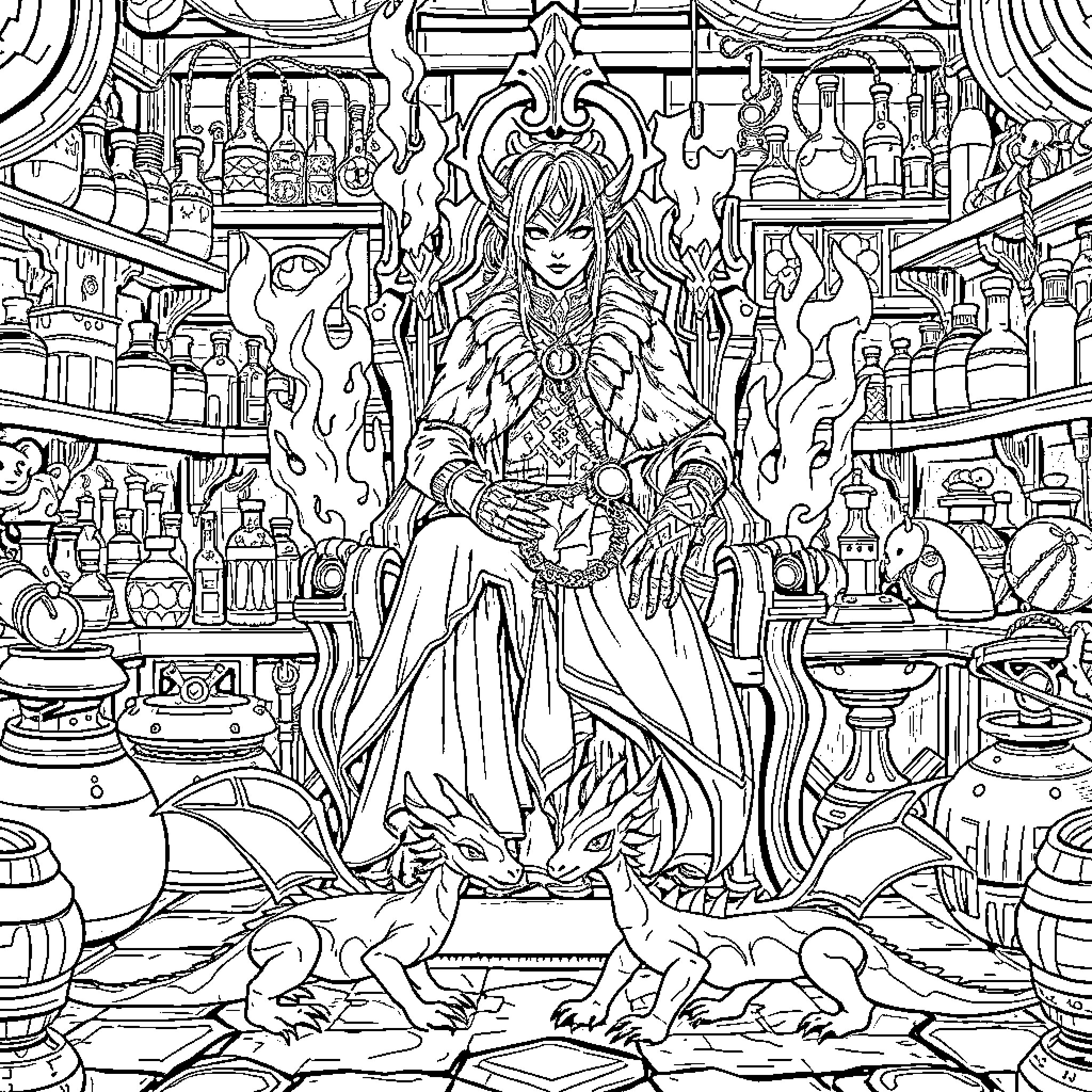 Sera, Enchantress of the Mystic Realm Coloring Page (free black-and-white line drawing printable PDF for all, from beginners to advanced learners, including children, teens, adults, and seniors)