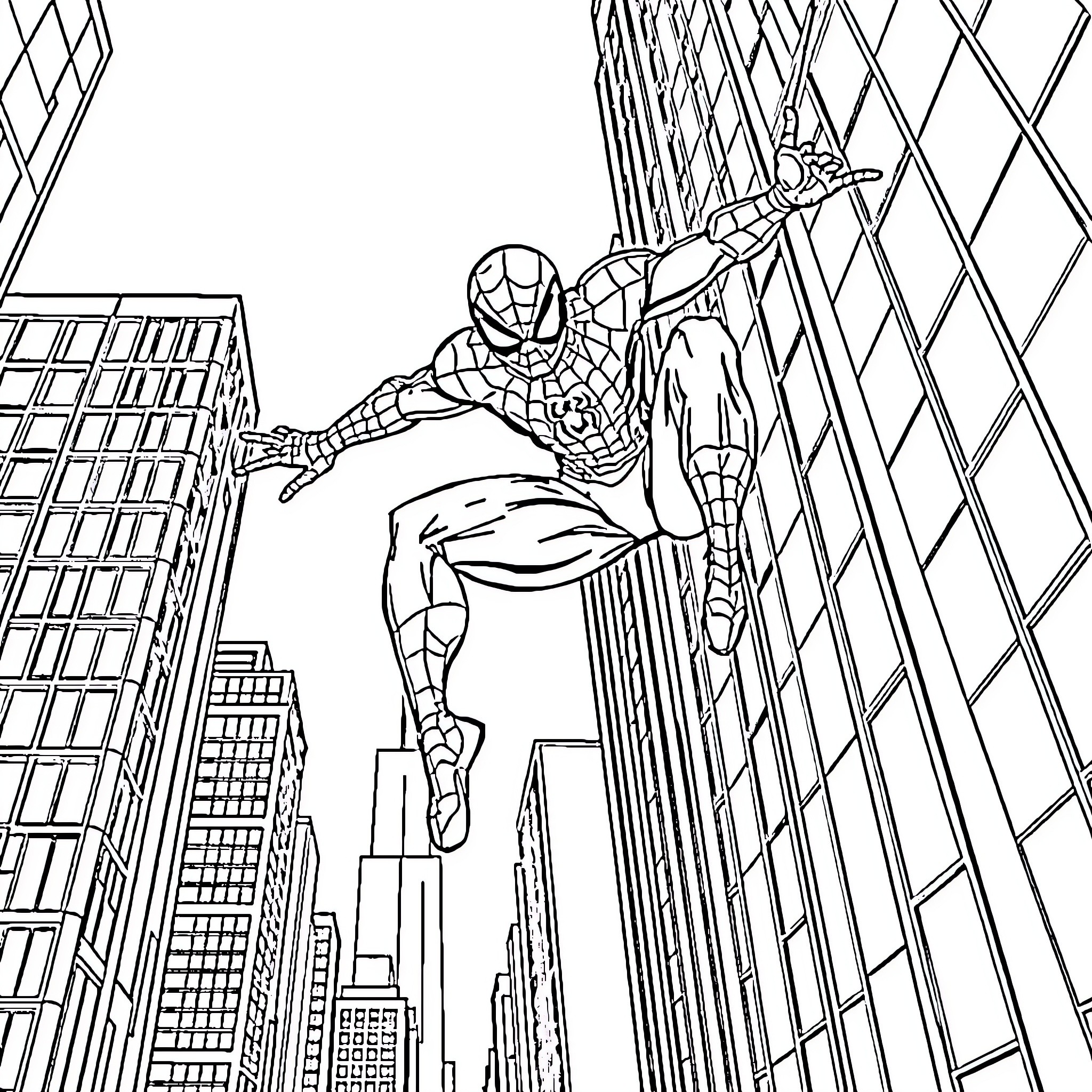 Spiderman swinging through the city skyline Coloring Page (free black-and-white line drawing printable PDF for all, from beginners to advanced learners, including children, teens, adults, and seniors)