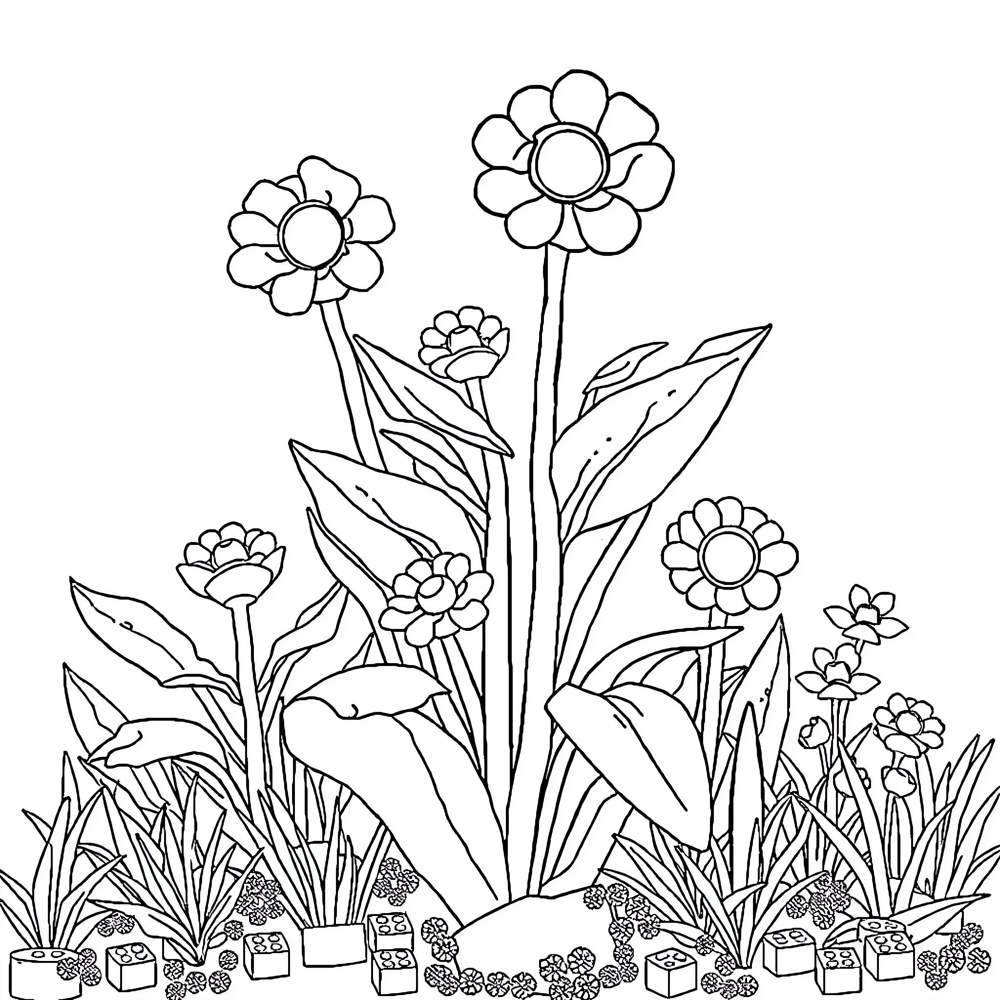 Lego Plant Garden with Vibrant Flowers and Greenery Coloring Page (free black-and-white line drawing printable PDF for all, from beginners to advanced learners, including children, teens, adults, and seniors)