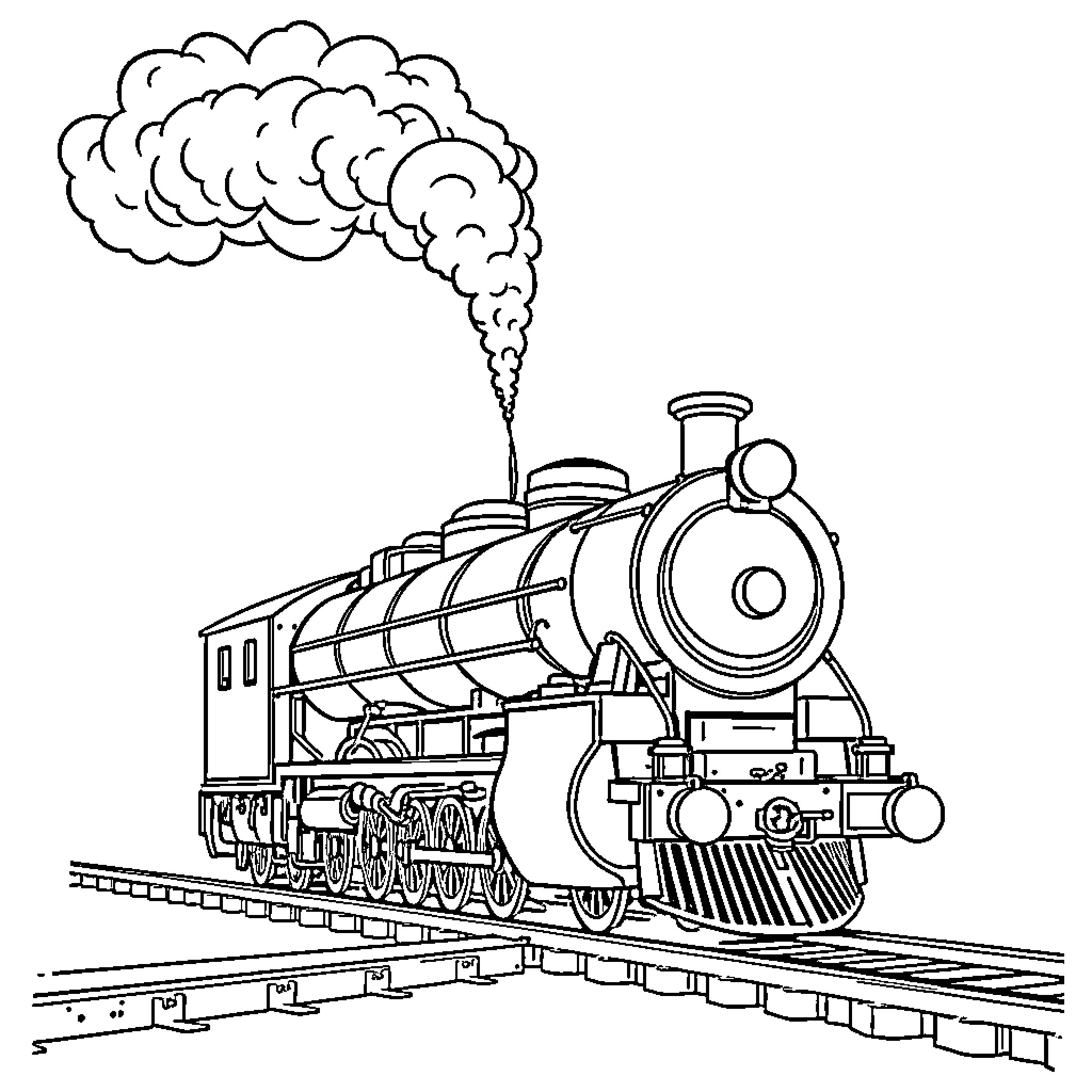 Train traveling swiftly on the tracks Coloring Page (free black-and-white line drawing printable PDF for all, from beginners to advanced learners, including children, teens, adults, and seniors)