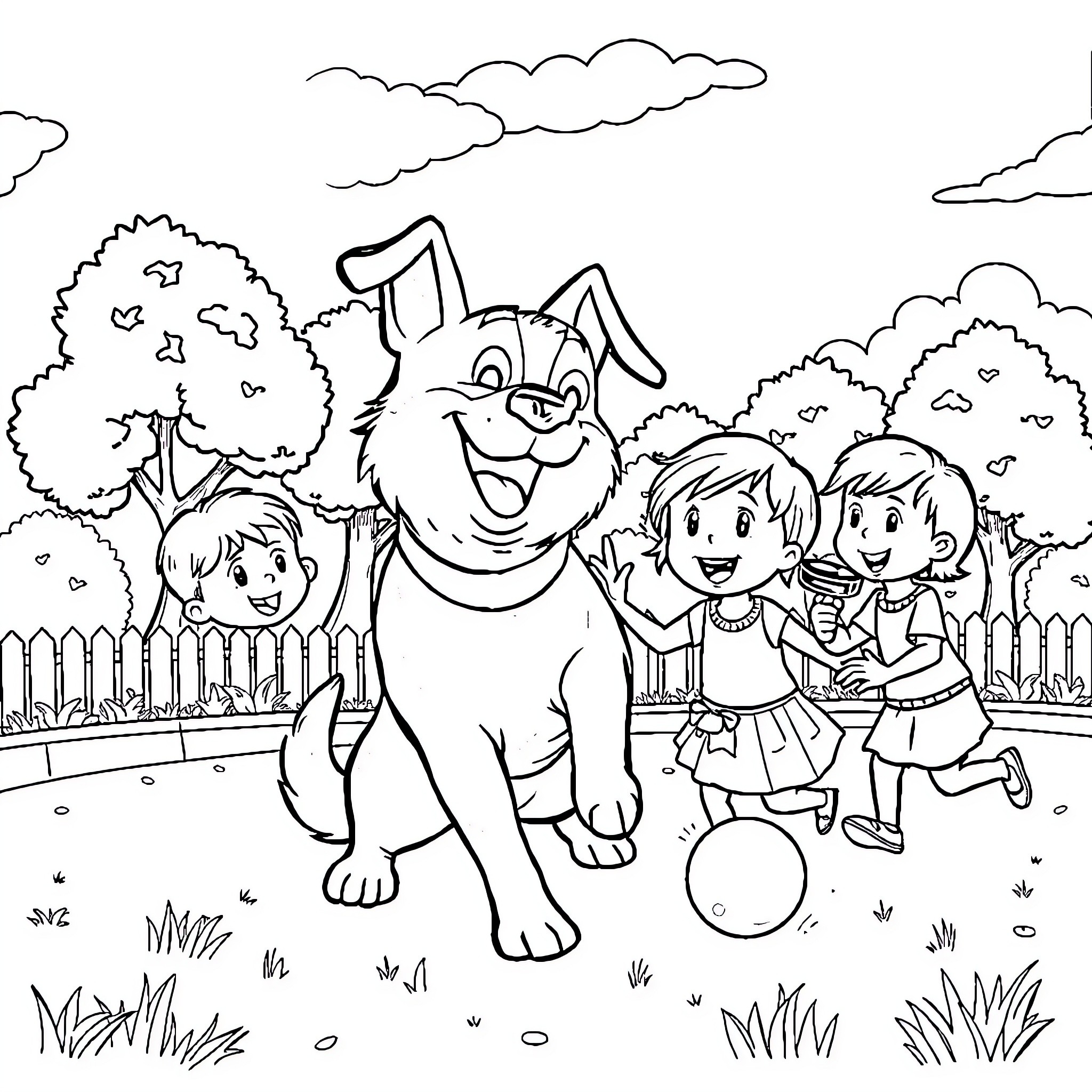 Dog playing happily with children in the park Coloring Page (free black-and-white line drawing printable PDF for all, from beginners to advanced learners, including children, teens, adults, and seniors)