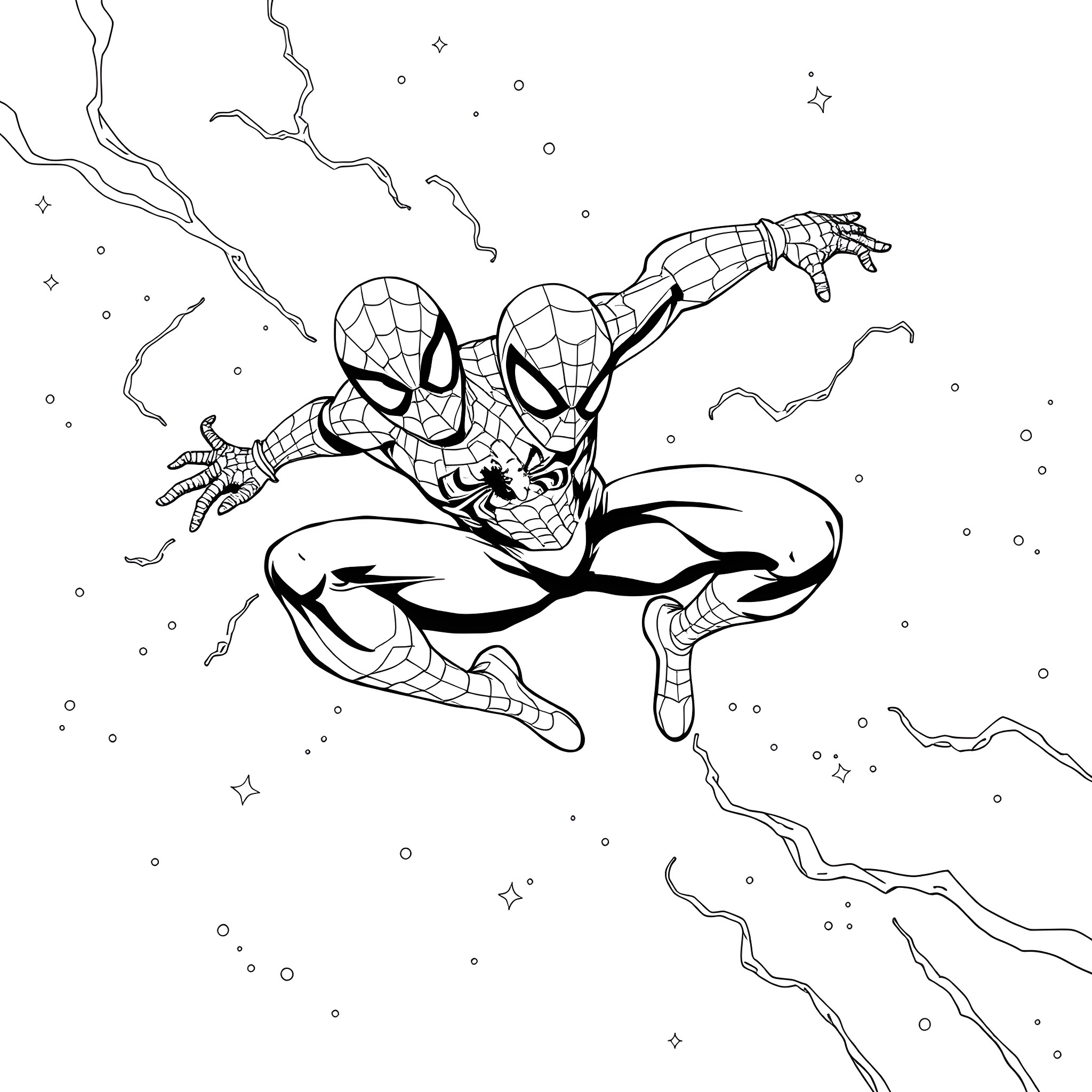 Spider-Man swinging through the city with action Coloring Page (free black-and-white line drawing printable PDF for all, from beginners to advanced learners, including children, teens, adults, and seniors)