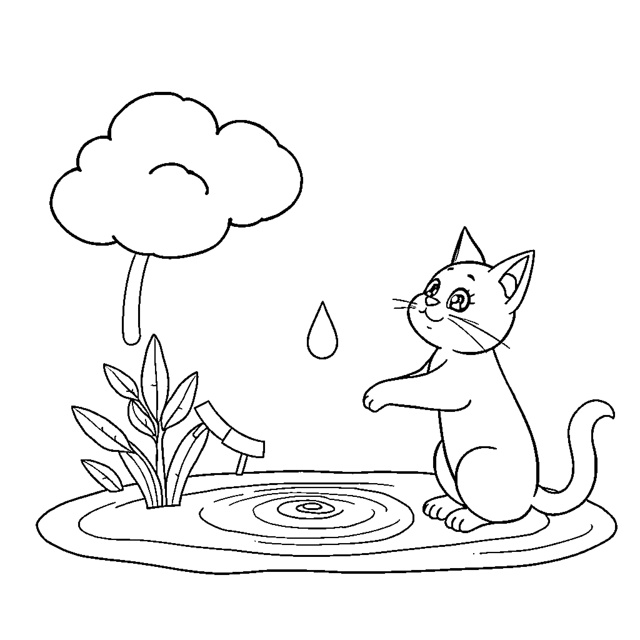 Cat enjoying a rainy day in the garden Coloring Page (free black-and-white line drawing printable PDF for all, from beginners to advanced learners, including children, teens, adults, and seniors)