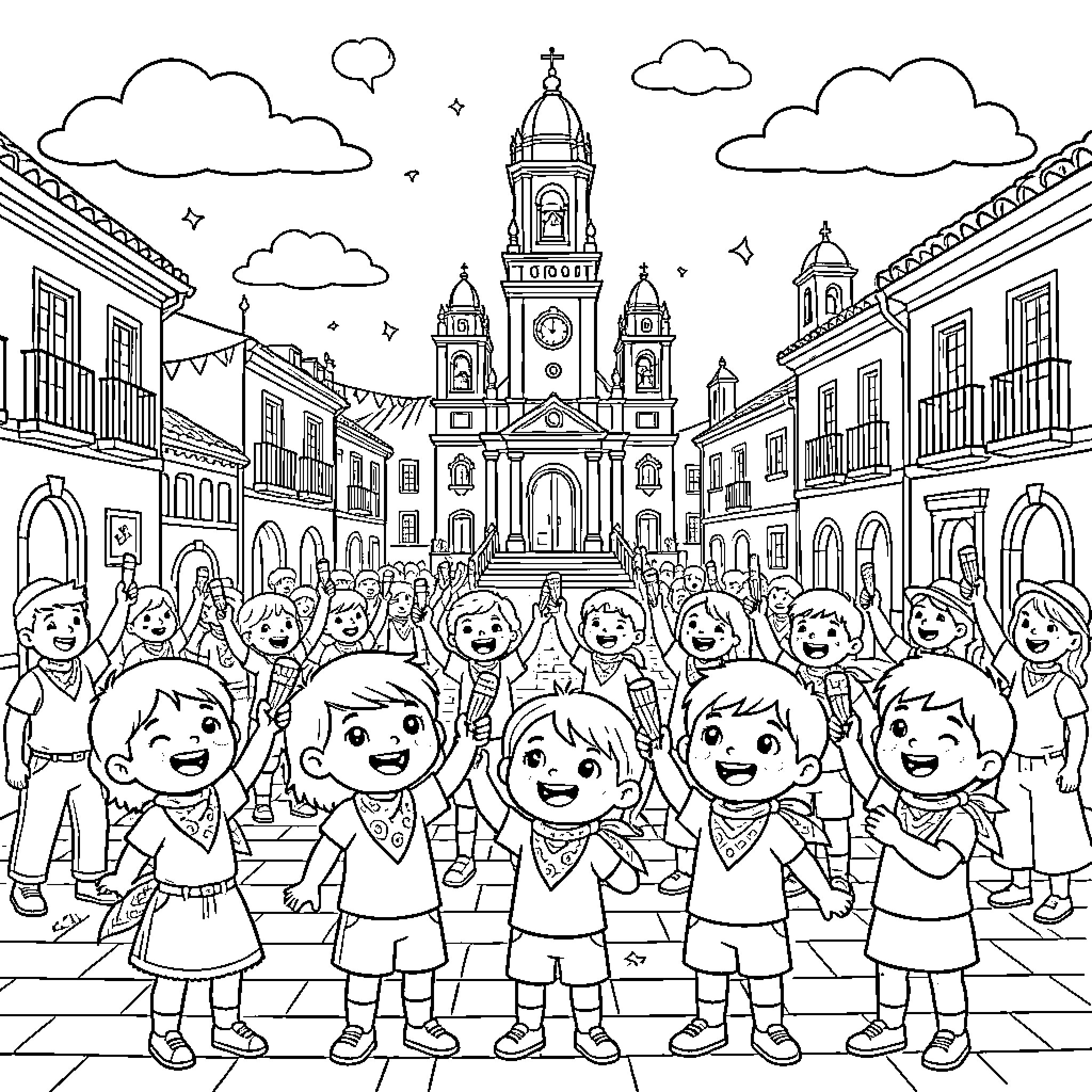 Fiestas del Pilar: Children celebrating in a festive town Coloring Page (free black-and-white line drawing printable PDF for all, from beginners to advanced learners, including children, teens, adults, and seniors)