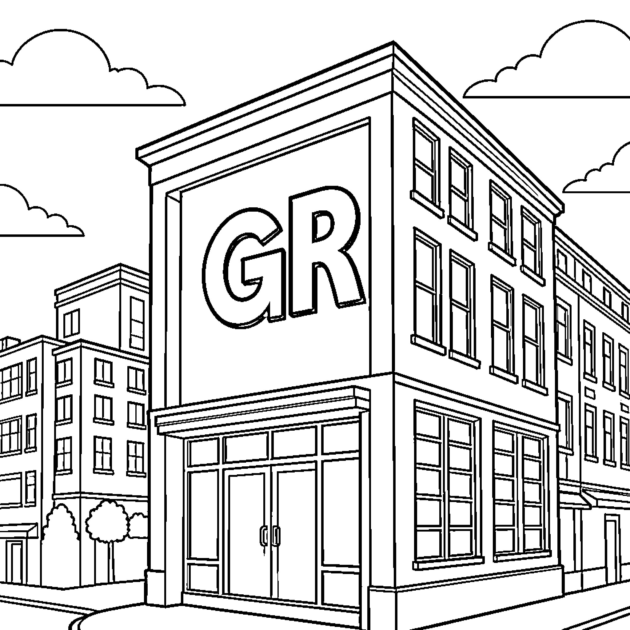 GRS urban cityscape featuring storefront buildings and clouds Coloring Page (free black-and-white line drawing printable PDF for all, from beginners to advanced learners, including children, teens, adults, and seniors)