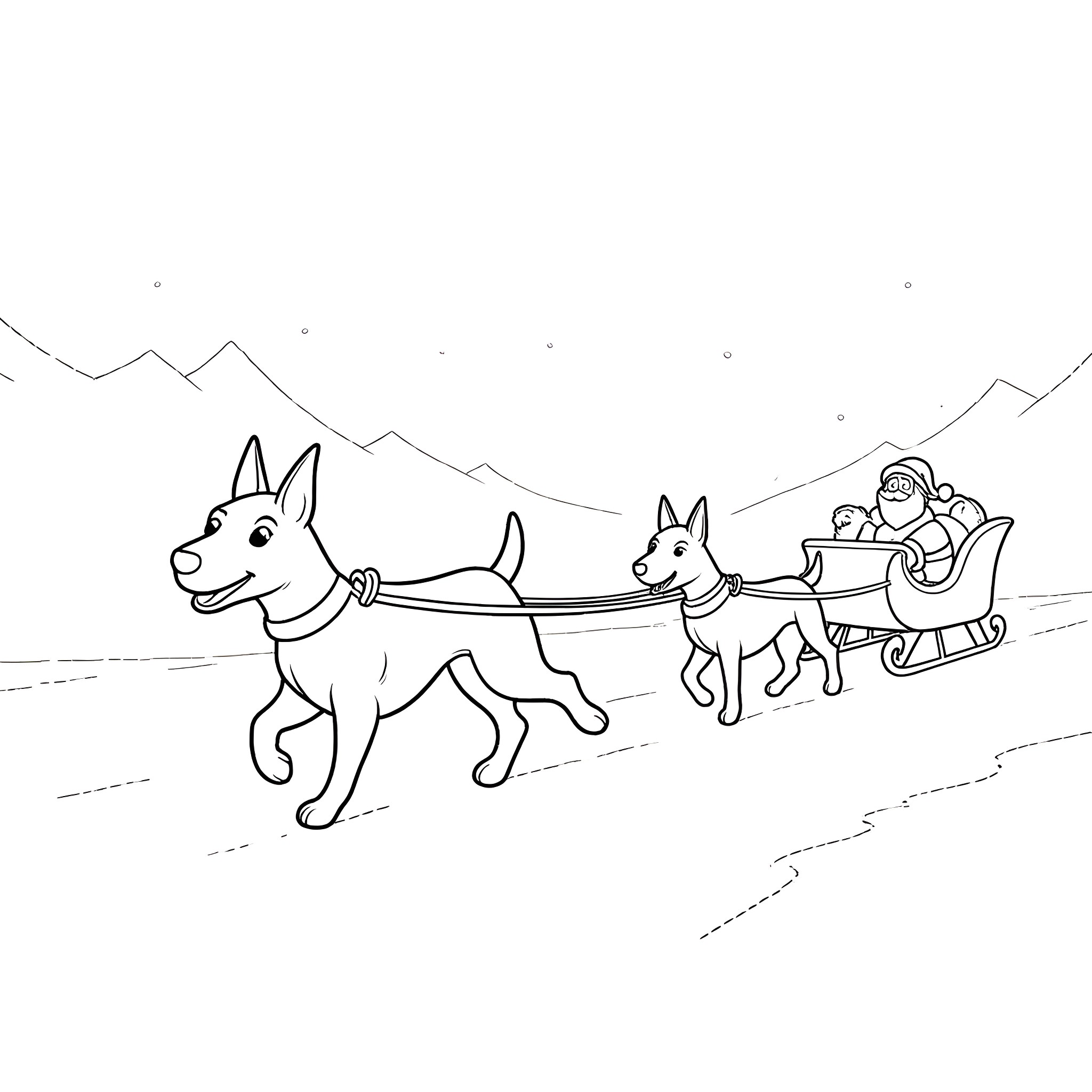 Bull Terrier Pulling Santa's Sleigh Coloring Page (free black-and-white line drawing printable PDF for all, from beginners to advanced learners, including children, teens, adults, and seniors)