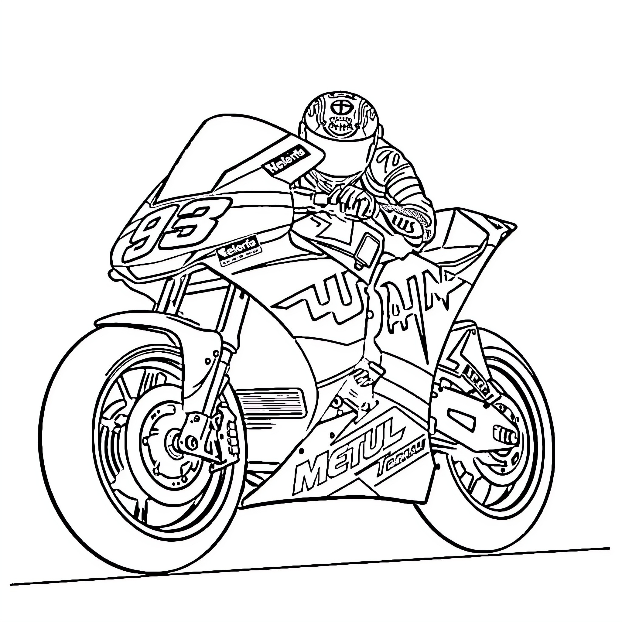 Marc Marquez racing motorcycle on the track Coloring Page (free black-and-white line drawing printable PDF for all, from beginners to advanced learners, including children, teens, adults, and seniors)