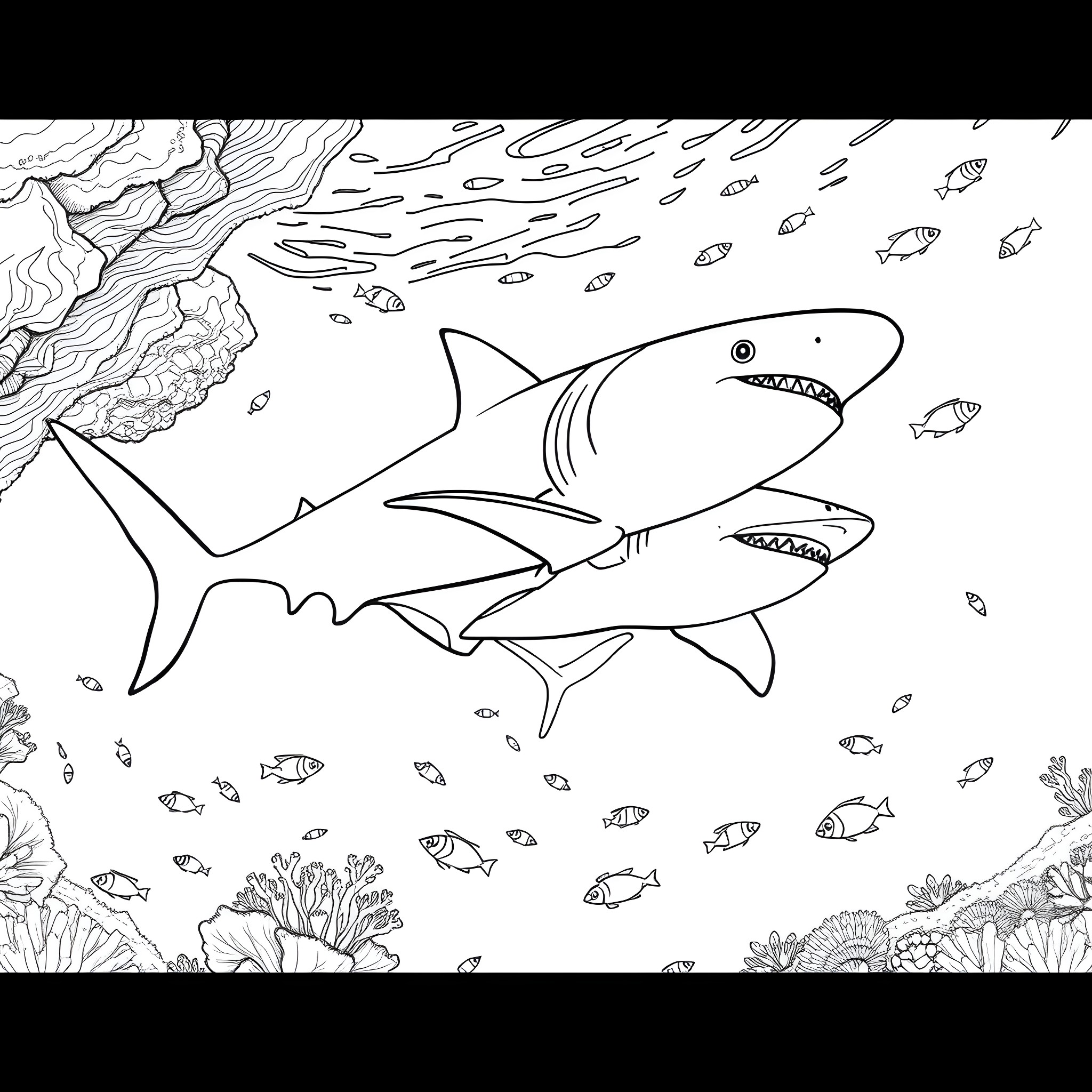 Shark hunting among the reef fishes Coloring Page (free black-and-white line drawing printable PDF for all, from beginners to advanced learners, including children, teens, adults, and seniors)