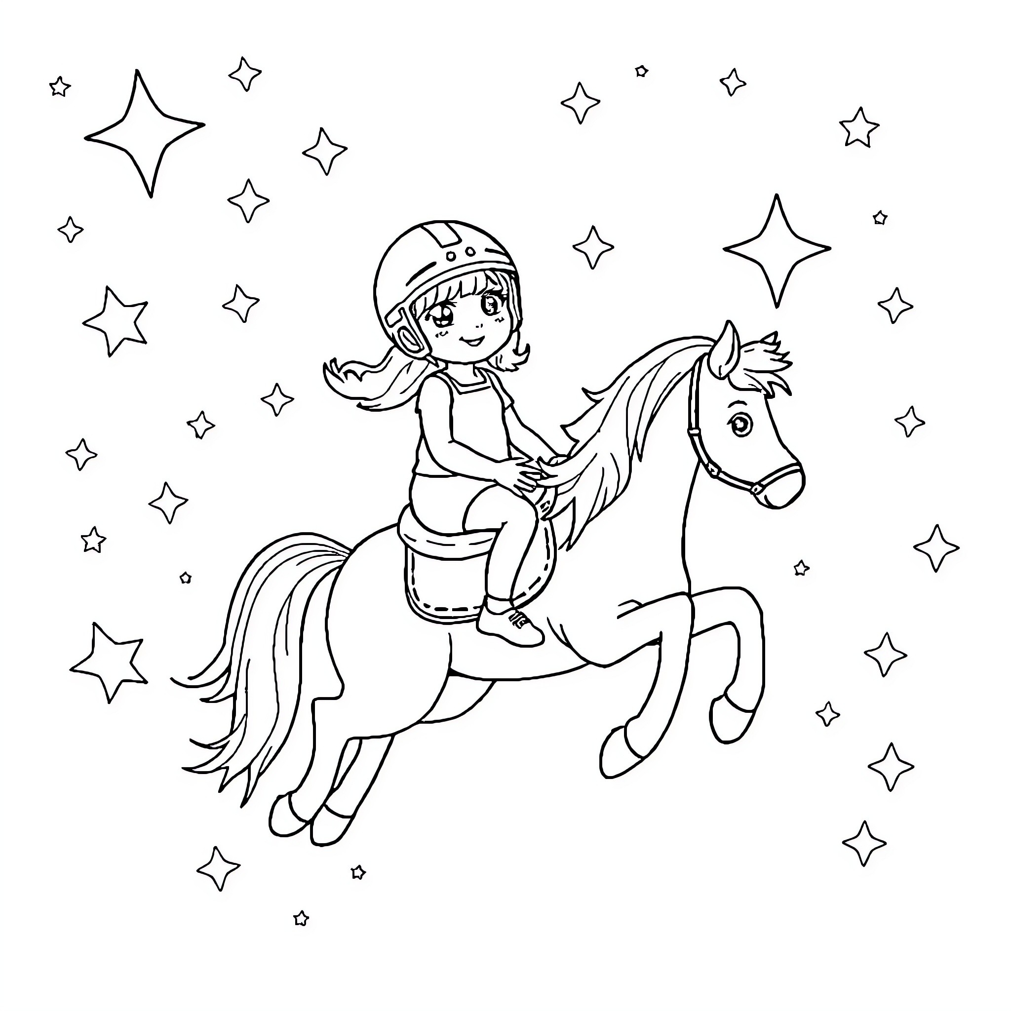 Girl riding horse among stars Coloring Page (free black-and-white line drawing printable PDF for all, from beginners to advanced learners, including children, teens, adults, and seniors)