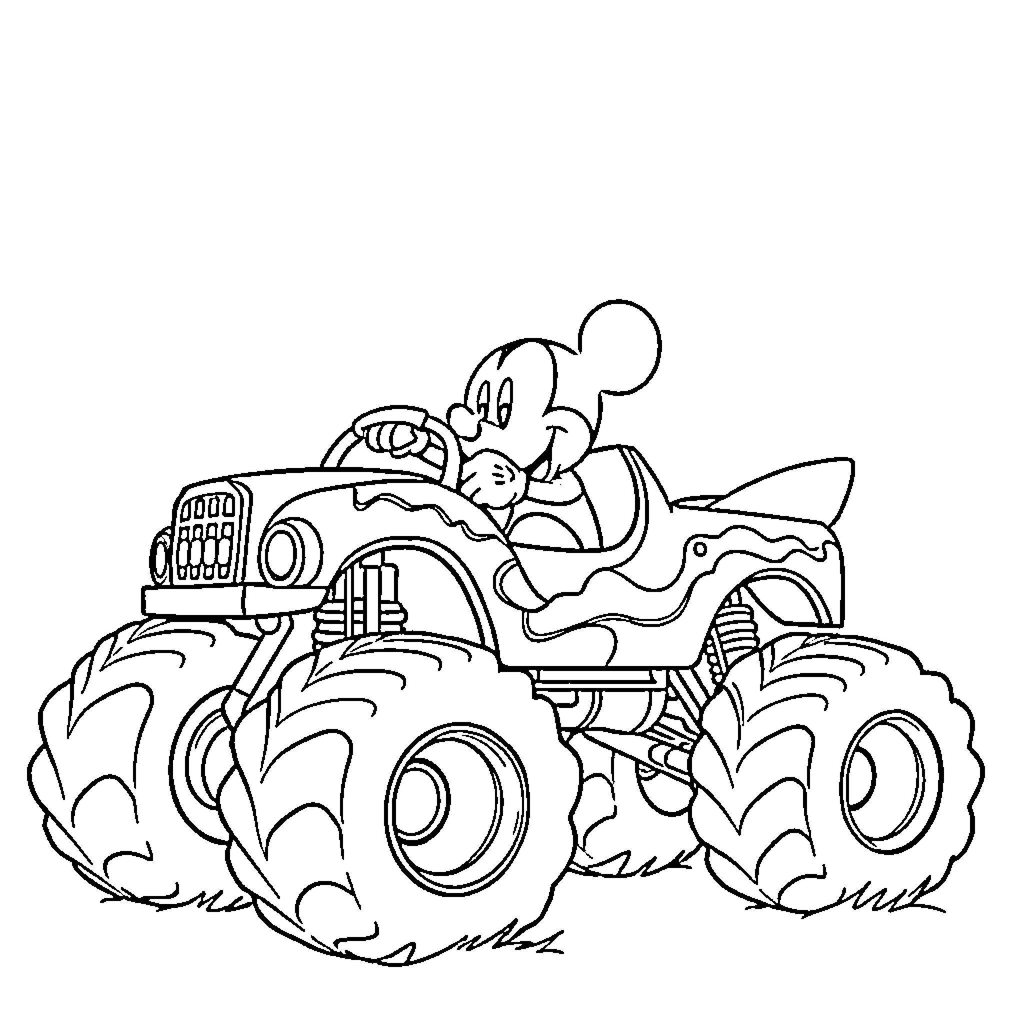 Mickey Mouse driving a monster truck Coloring Page (free black-and-white line drawing printable PDF for all, from beginners to advanced learners, including children, teens, adults, and seniors)