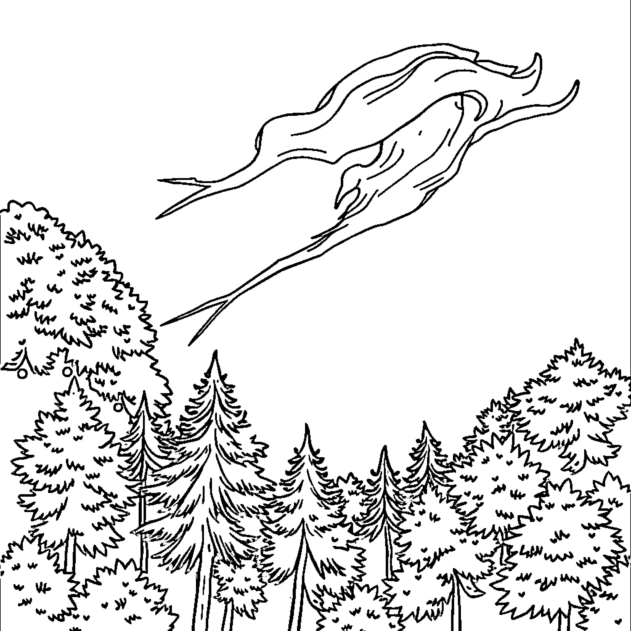 Rafale fighter jet soaring through the skies over pine forest Coloring Page (free black-and-white line drawing printable PDF for all, from beginners to advanced learners, including children, teens, adults, and seniors)