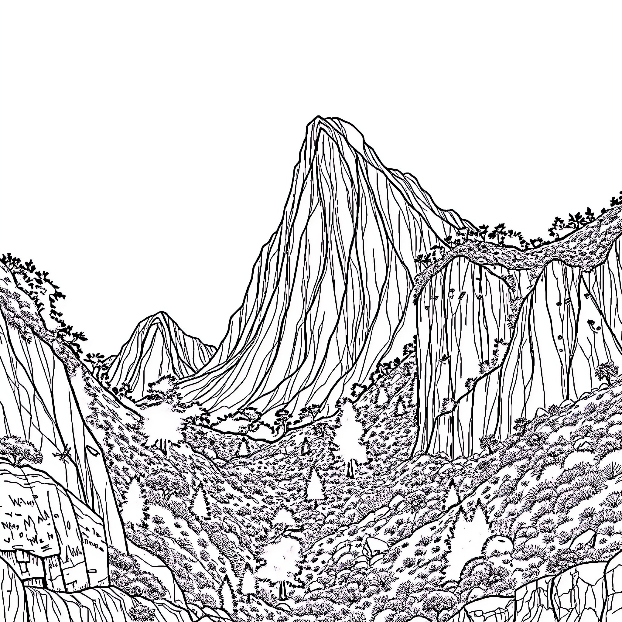 Mountain scenic landscape with lush vegetation Coloring Page (free black-and-white line drawing printable PDF for all, from beginners to advanced learners, including children, teens, adults, and seniors)