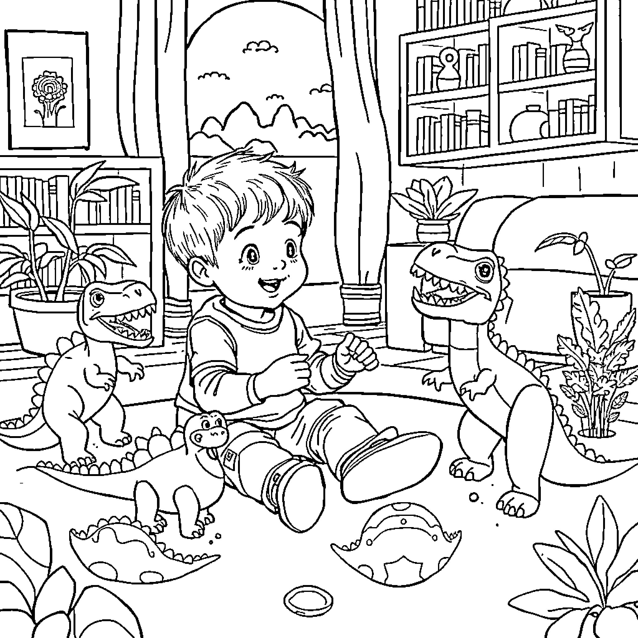 Dinosaur toys playing with a young boy in the room Coloring Page (free black-and-white line drawing printable PDF for all, from beginners to advanced learners, including children, teens, adults, and seniors)