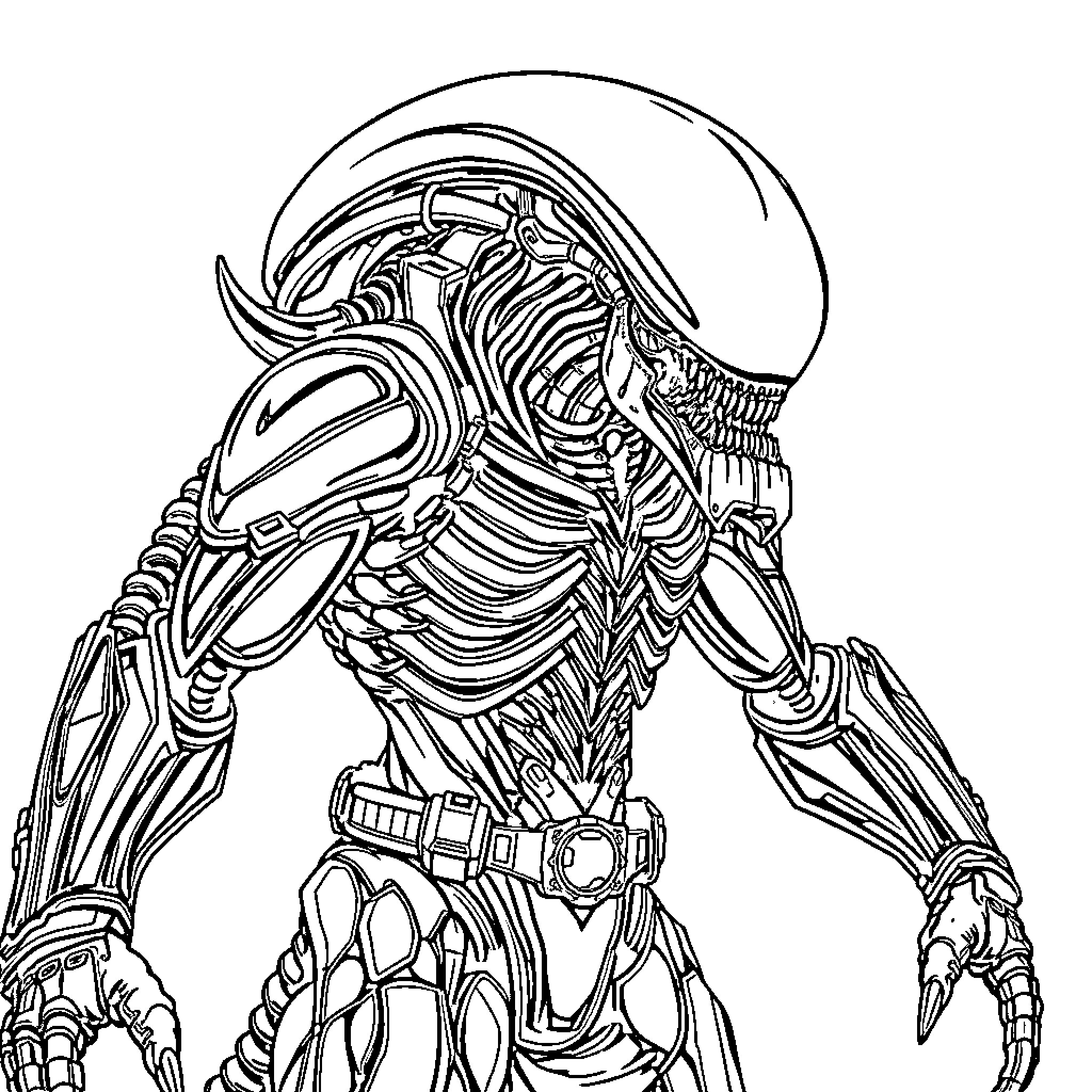 Xenomorph Warrior Stalking with Deadly Claws Coloring Page (free black-and-white line drawing printable PDF for all, from beginners to advanced learners, including children, teens, adults, and seniors)