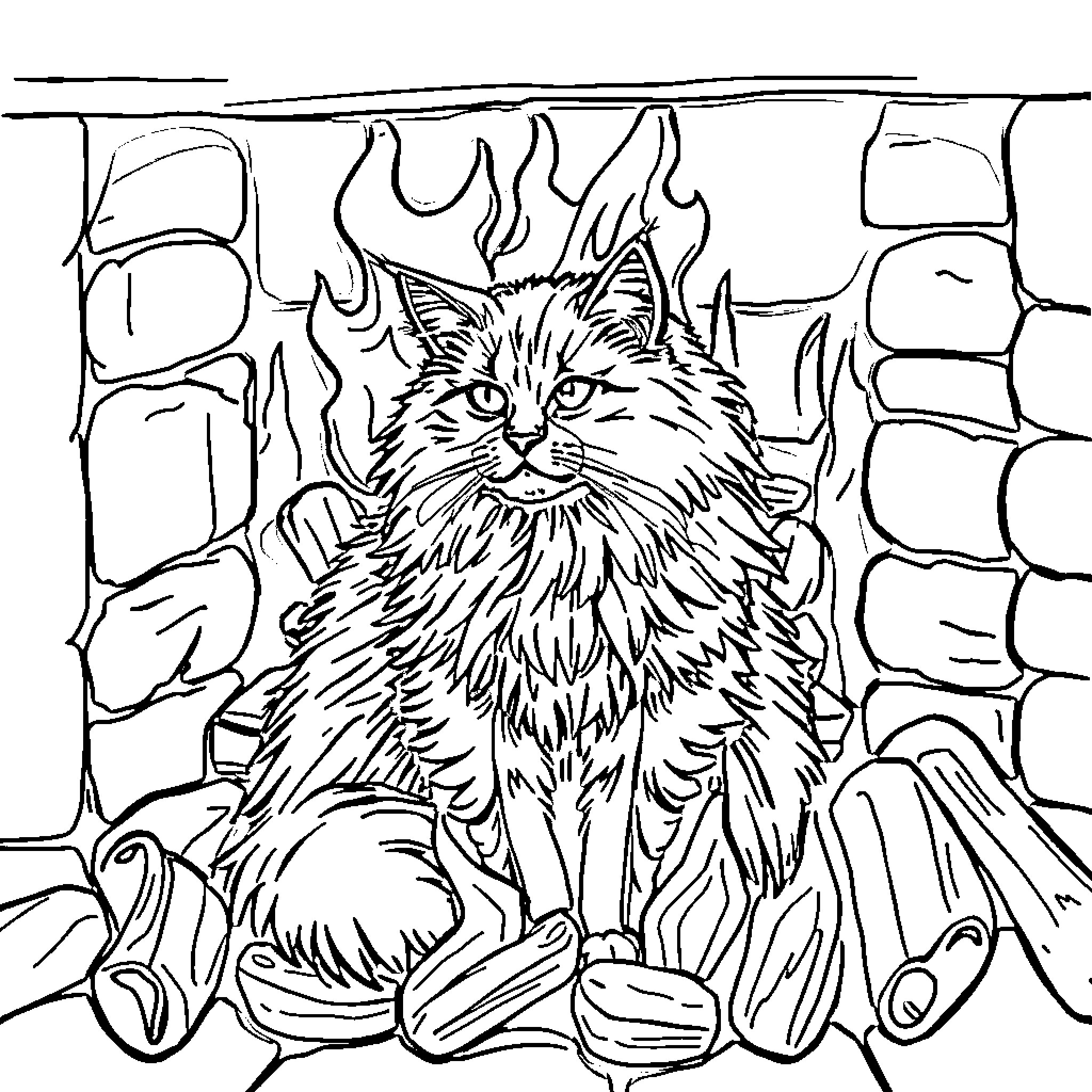 Maine Coon cat in a fiery scene Coloring Page (free black-and-white line drawing printable PDF for all, from beginners to advanced learners, including children, teens, adults, and seniors)