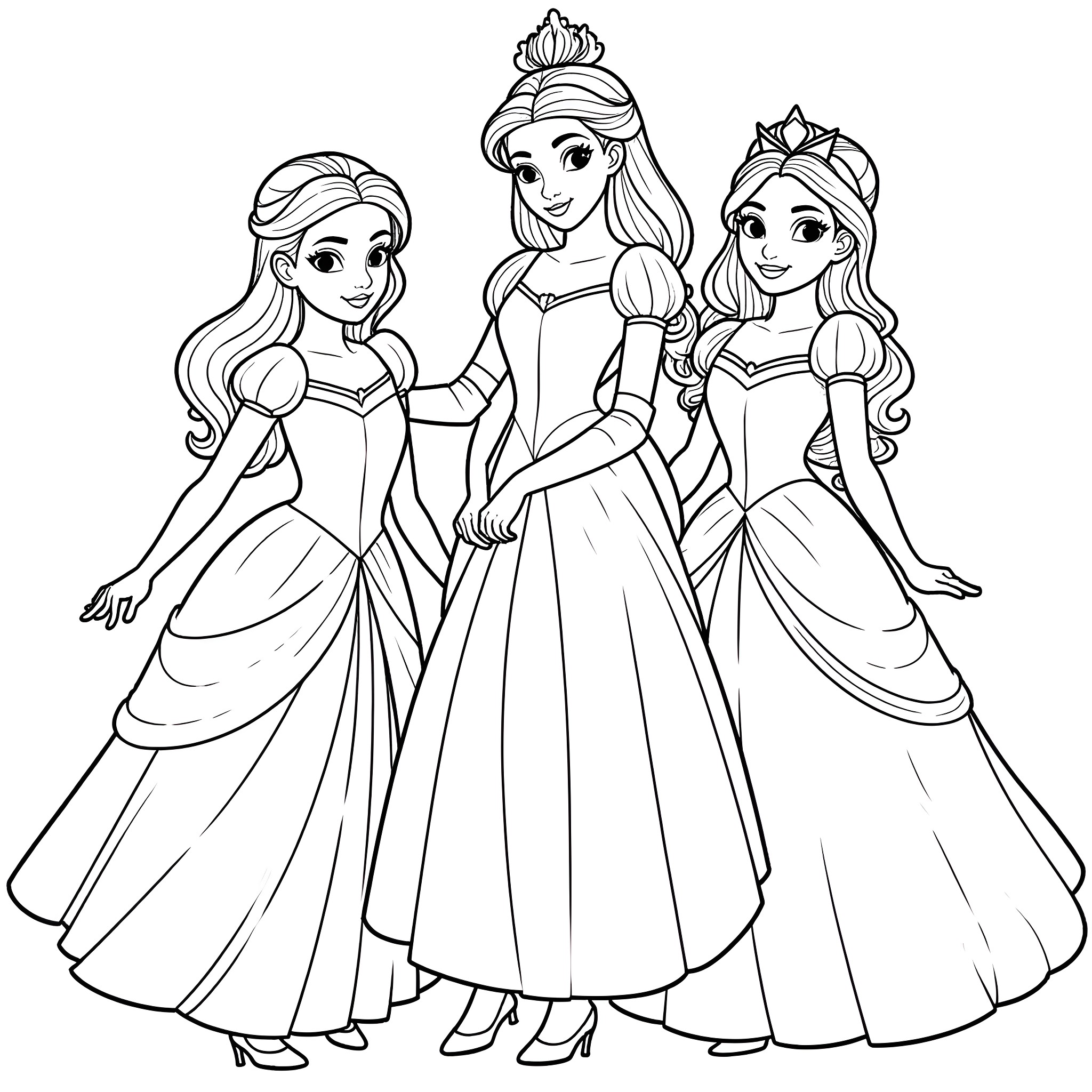 Disney Princesses in Elegant Gowns and Crowns Coloring Page (free black-and-white line drawing printable PDF for all, from beginners to advanced learners, including children, teens, adults, and seniors)