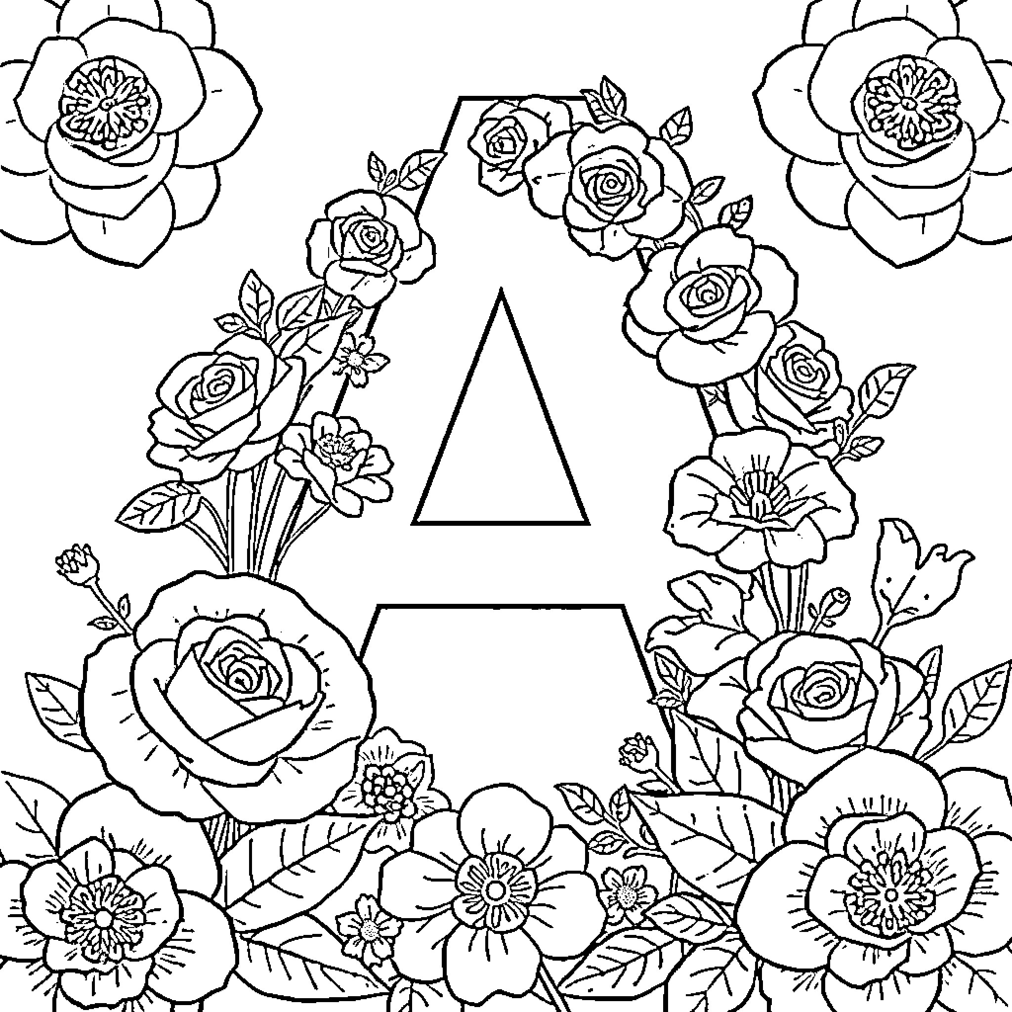 Letter A Adorned with Floral Arrangements Coloring Page (free black-and-white line drawing printable PDF for all, from beginners to advanced learners, including children, teens, adults, and seniors)