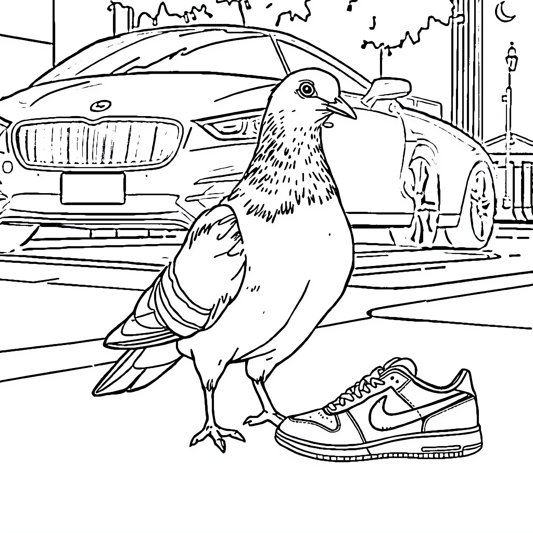 Pigeon exploring the city streets at night Coloring Page (free black-and-white line drawing printable PDF for all, from beginners to advanced learners, including children, teens, adults, and seniors)