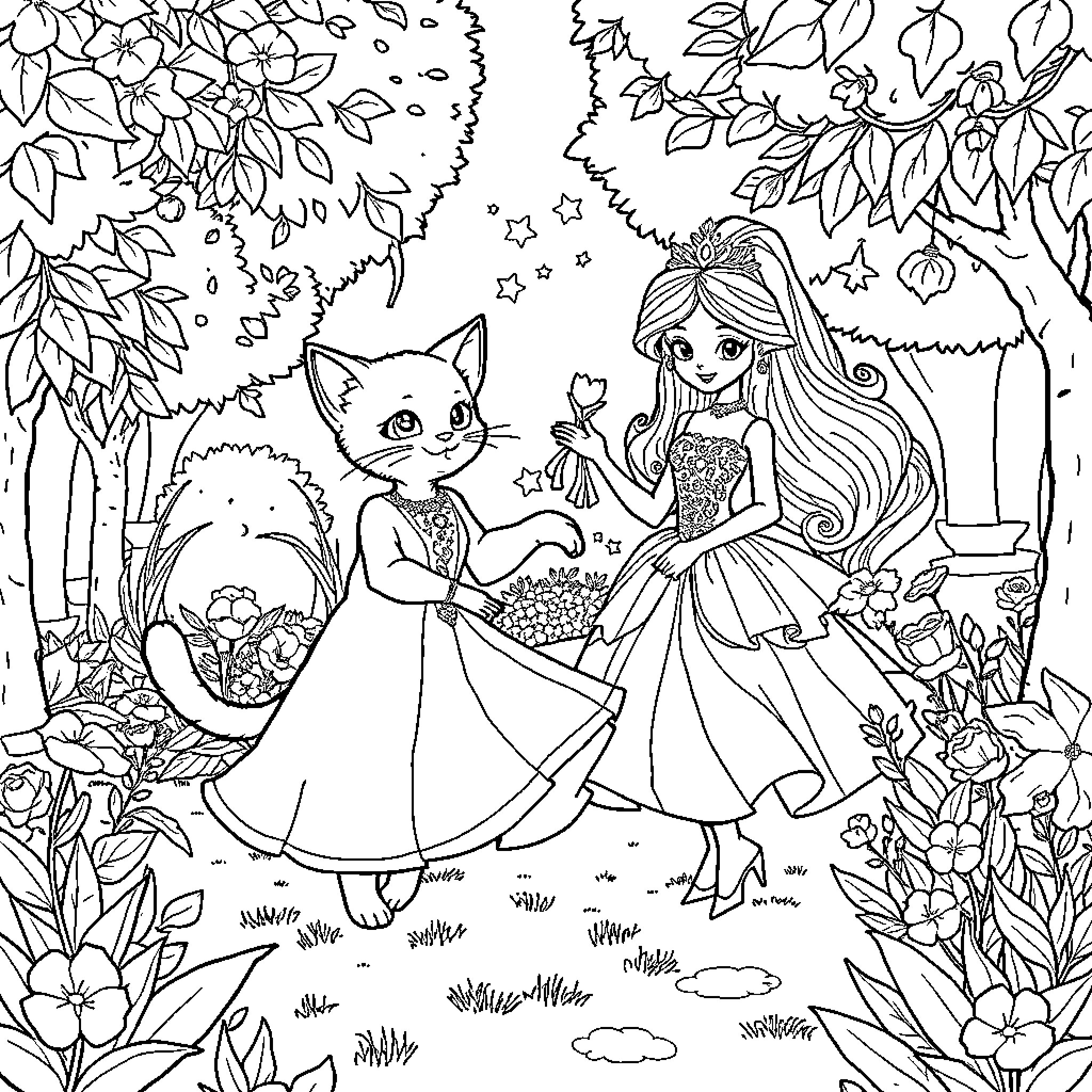 Cat and girl in enchanted forest Coloring Page (free black-and-white line drawing printable PDF for all, from beginners to advanced learners, including children, teens, adults, and seniors)