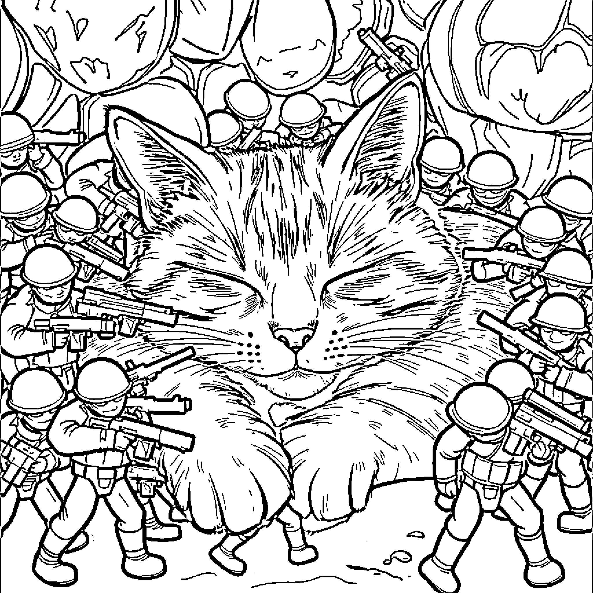 Catnap amidst military chaos Coloring Page (free black-and-white line drawing printable PDF for all, from beginners to advanced learners, including children, teens, adults, and seniors)