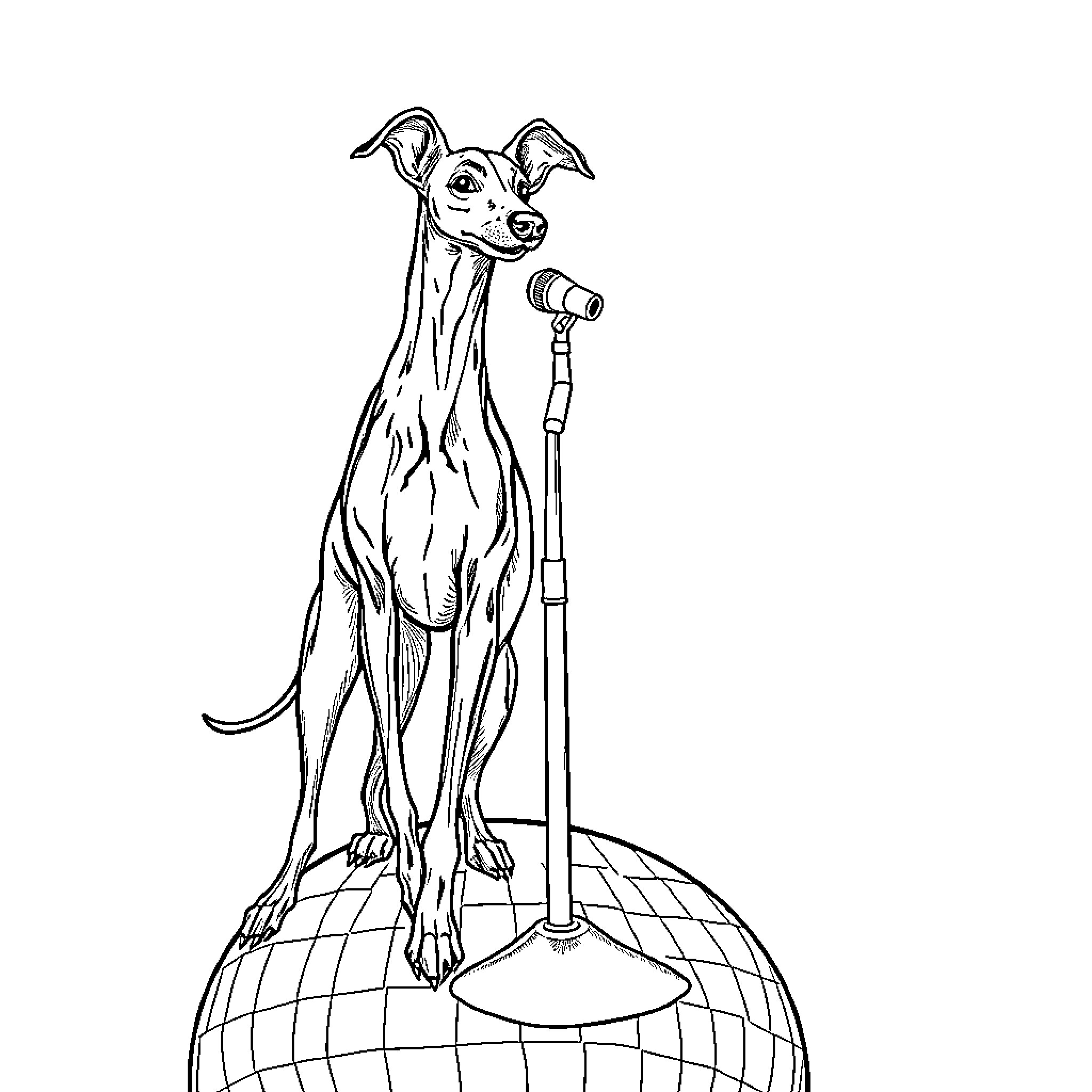 Italian Greyhound Performing on Stage Coloring Page (free black-and-white line drawing printable PDF for all, from beginners to advanced learners, including children, teens, adults, and seniors)