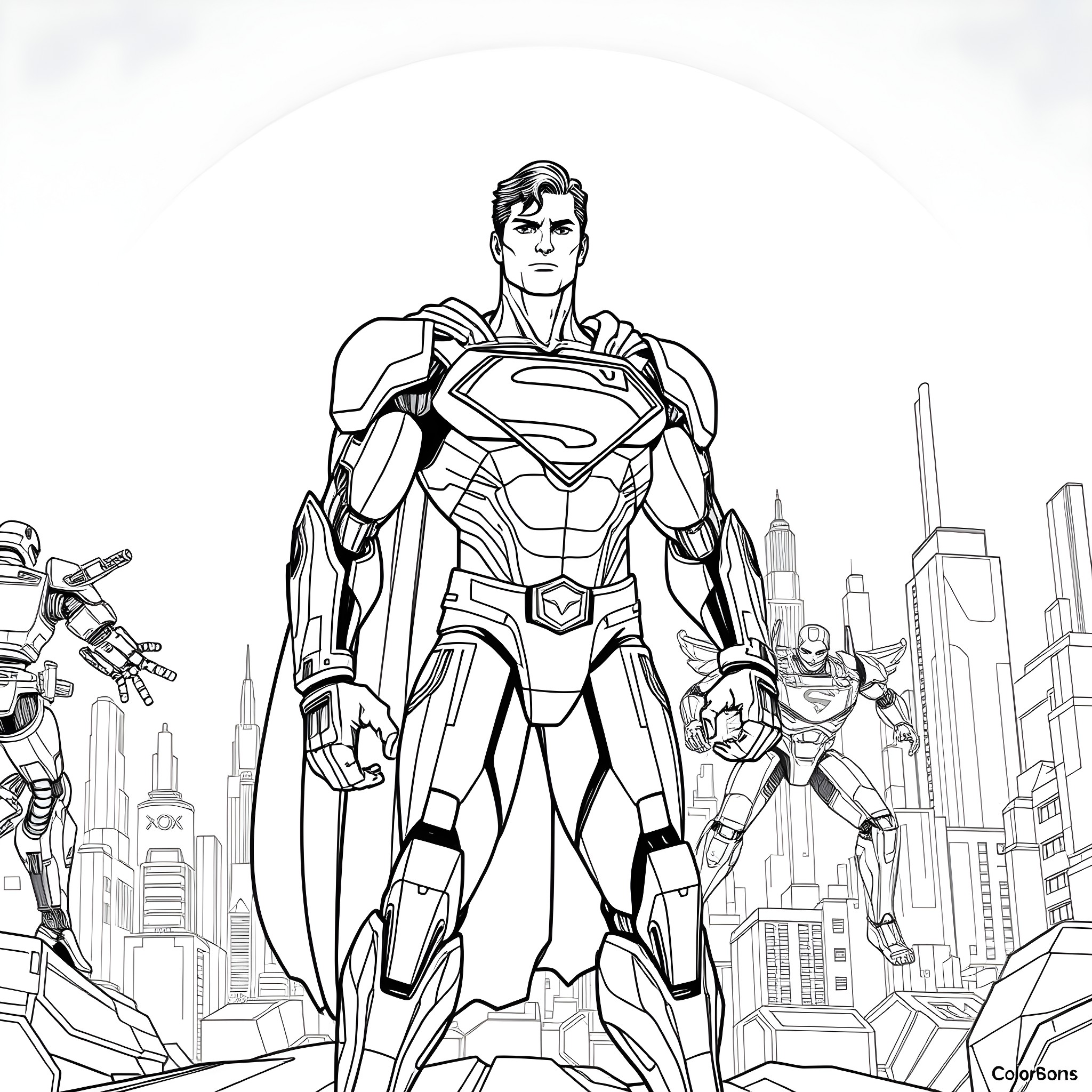 Cyborg Superman leads the heroic battle in the city Coloring Page (free black-and-white line drawing printable PDF for all, from beginners to advanced learners, including children, teens, adults, and seniors)