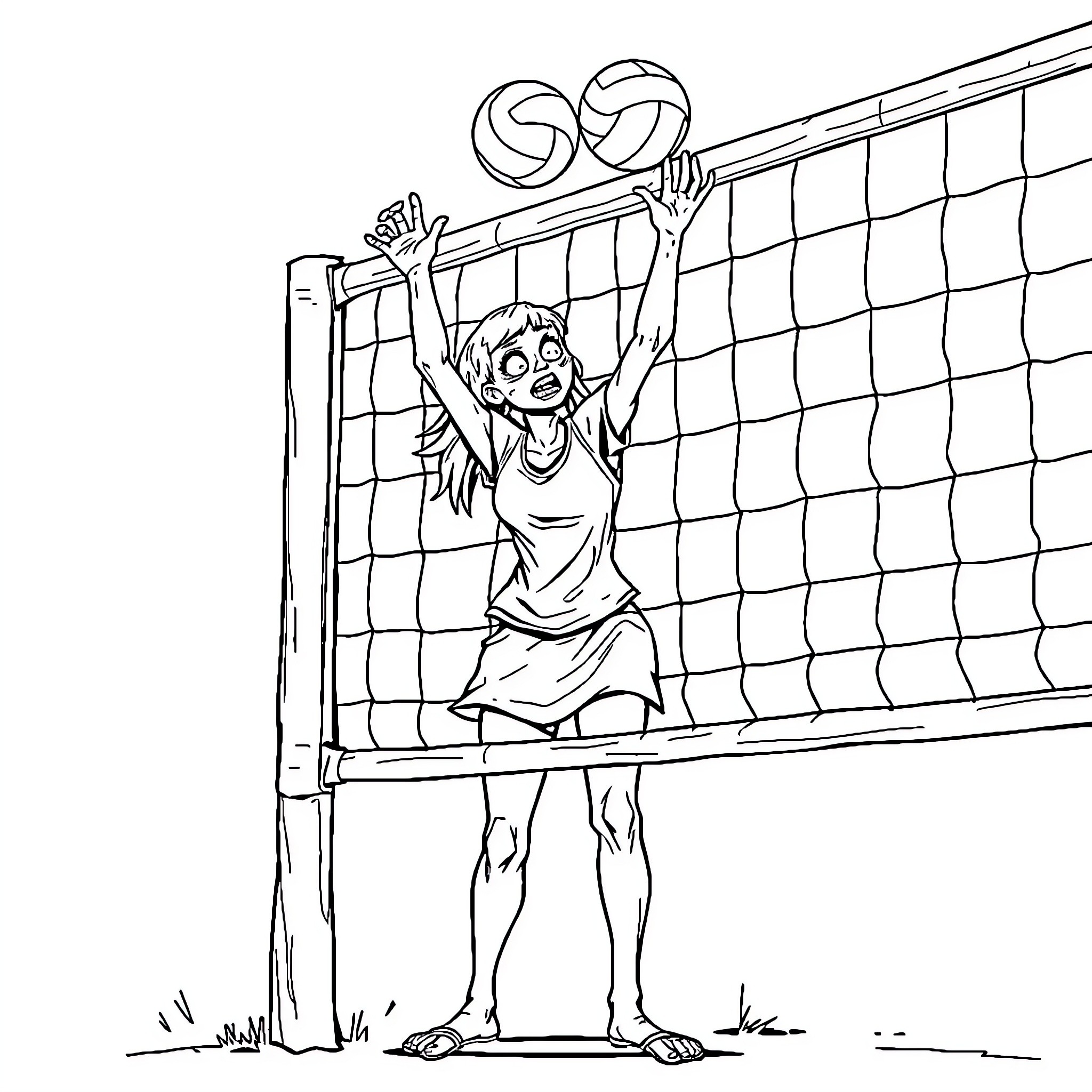 Zombie girl playing volleyball on the court Coloring Page (free black-and-white line drawing printable PDF for all, from beginners to advanced learners, including children, teens, adults, and seniors)