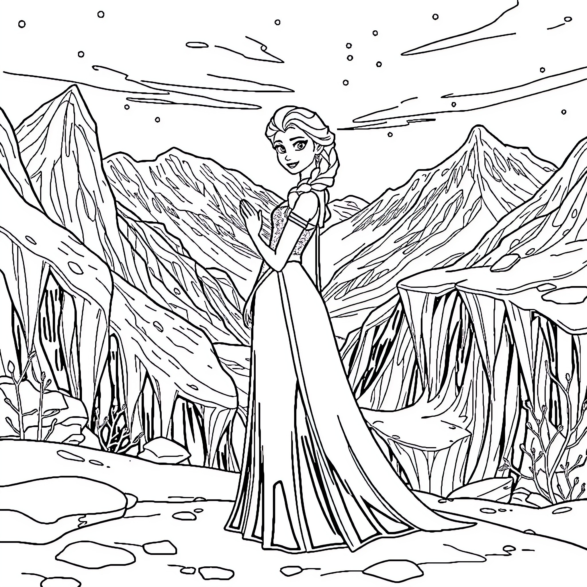 Elsa exploring the majestic mountain landscape Coloring Page (free black-and-white line drawing printable PDF for all, from beginners to advanced learners, including children, teens, adults, and seniors)
