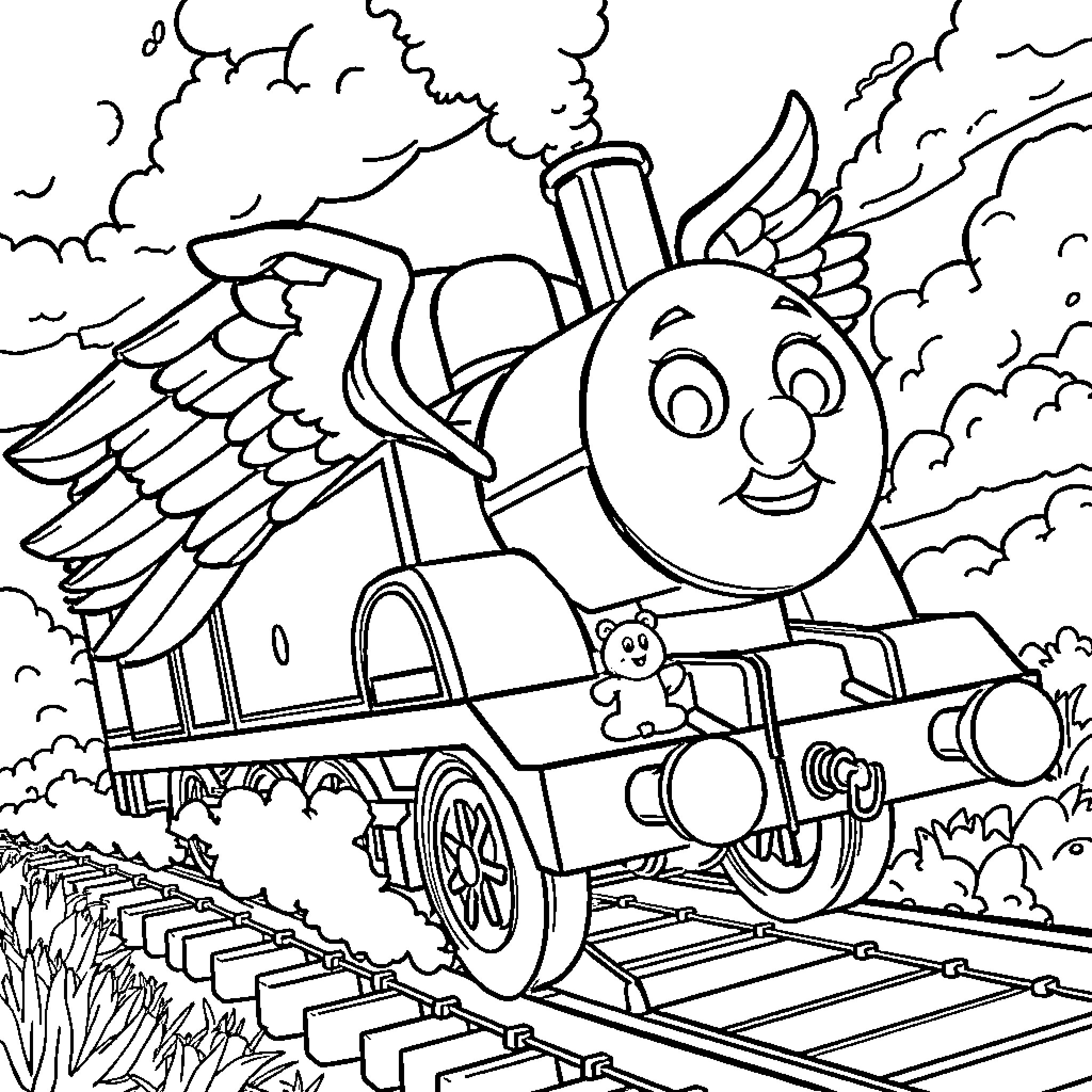 Tomas the Magical Train's Adventurous Journey Coloring Page (free black-and-white line drawing printable PDF for all, from beginners to advanced learners, including children, teens, adults, and seniors)