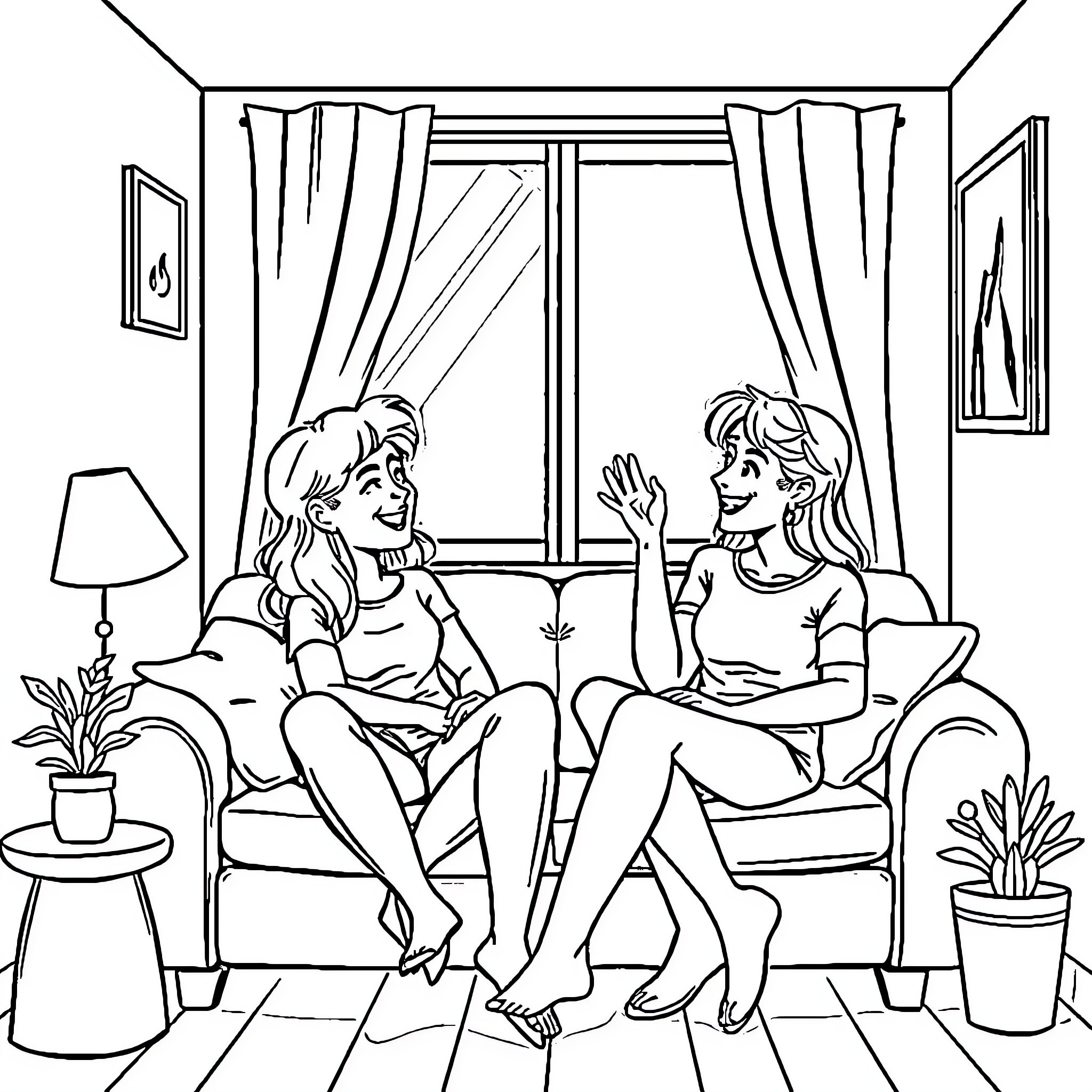 Friend enjoying quality time in cozy living room Coloring Page (free black-and-white line drawing printable PDF for all, from beginners to advanced learners, including children, teens, adults, and seniors)
