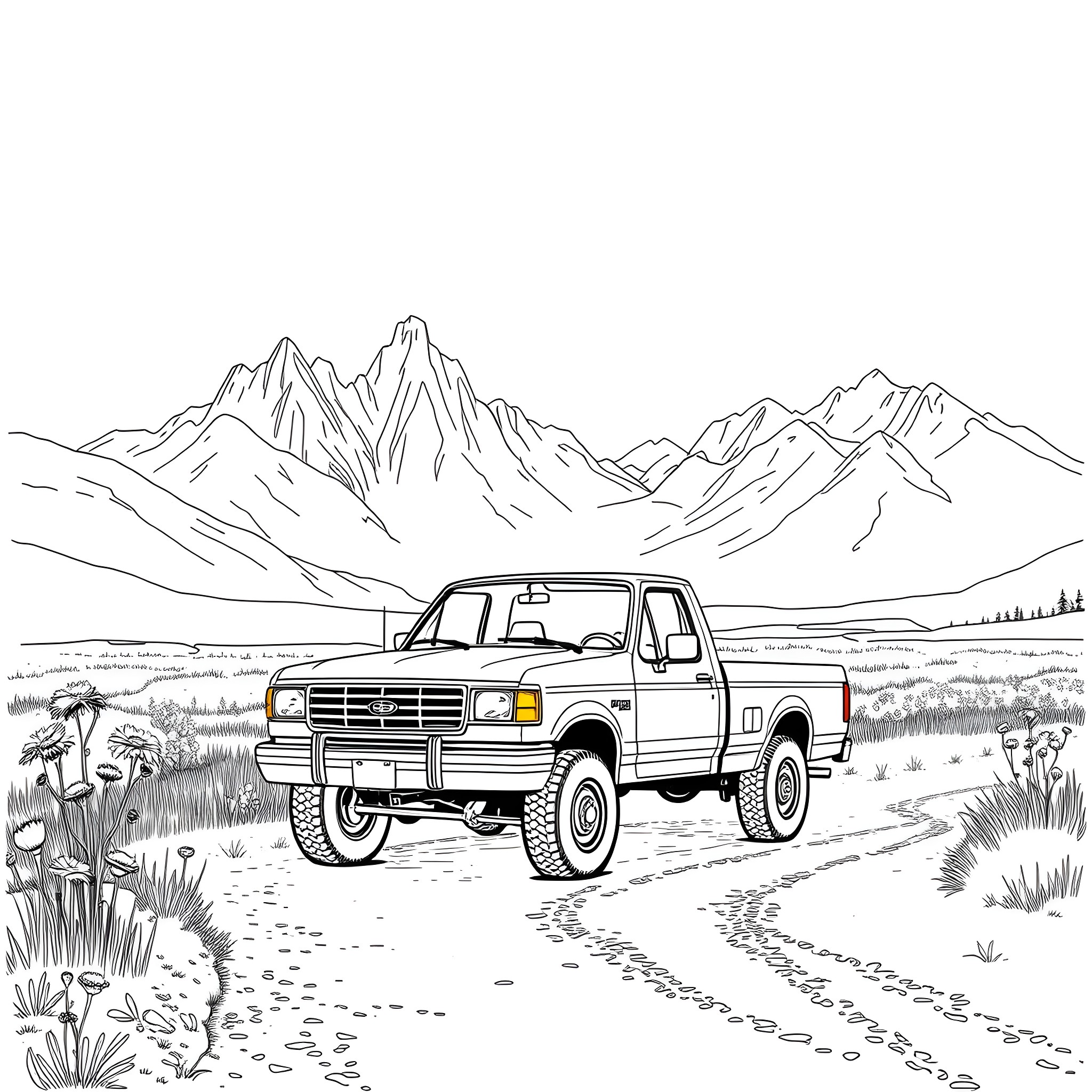 Dump Truck Navigating Rugged Mountain Terrain Coloring Page (free black-and-white line drawing printable PDF for all, from beginners to advanced learners, including children, teens, adults, and seniors)