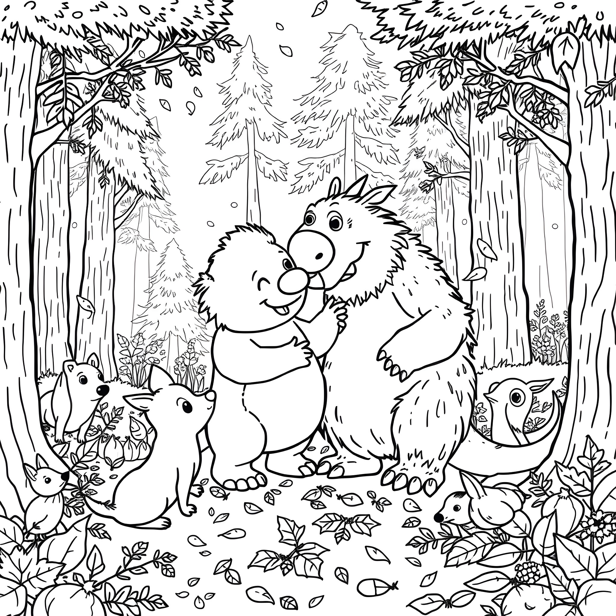 Bluey and friends exploring the enchanted forest Coloring Page (free black-and-white line drawing printable PDF for all, from beginners to advanced learners, including children, teens, adults, and seniors)