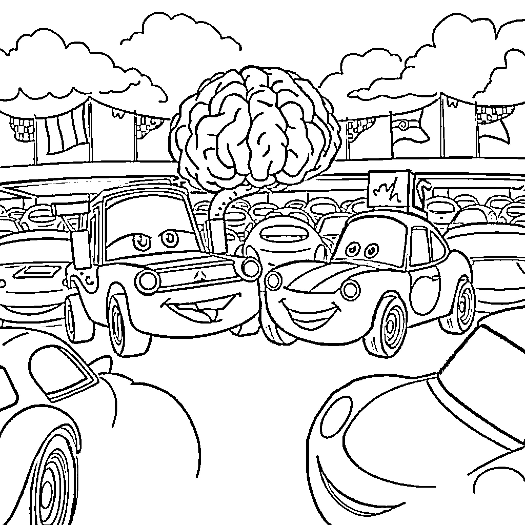 Brainrot: Whimsical Cars Navigating a Quirky Landscape Coloring Page (free black-and-white line drawing printable PDF for all, from beginners to advanced learners, including children, teens, adults, and seniors)