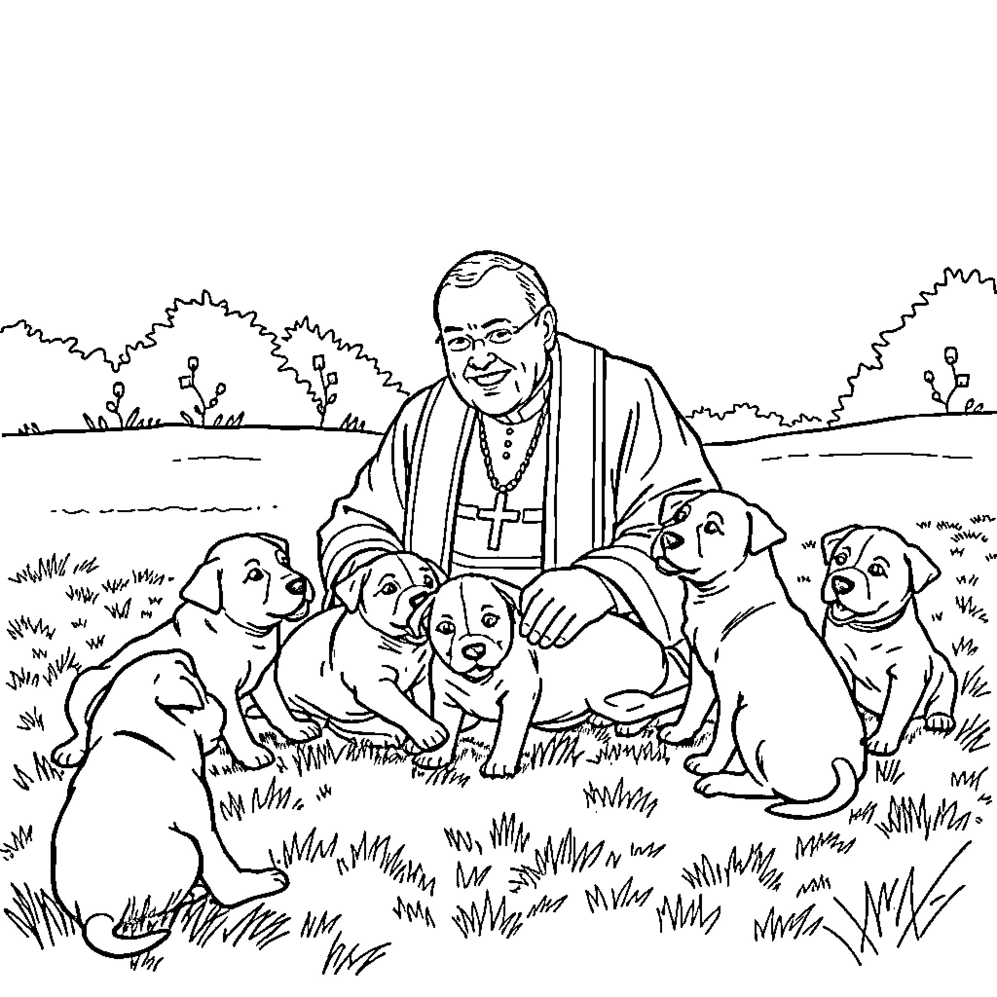 Archbishop interacting with puppies in a pastoral setting Coloring Page (free black-and-white line drawing printable PDF for all, from beginners to advanced learners, including children, teens, adults, and seniors)