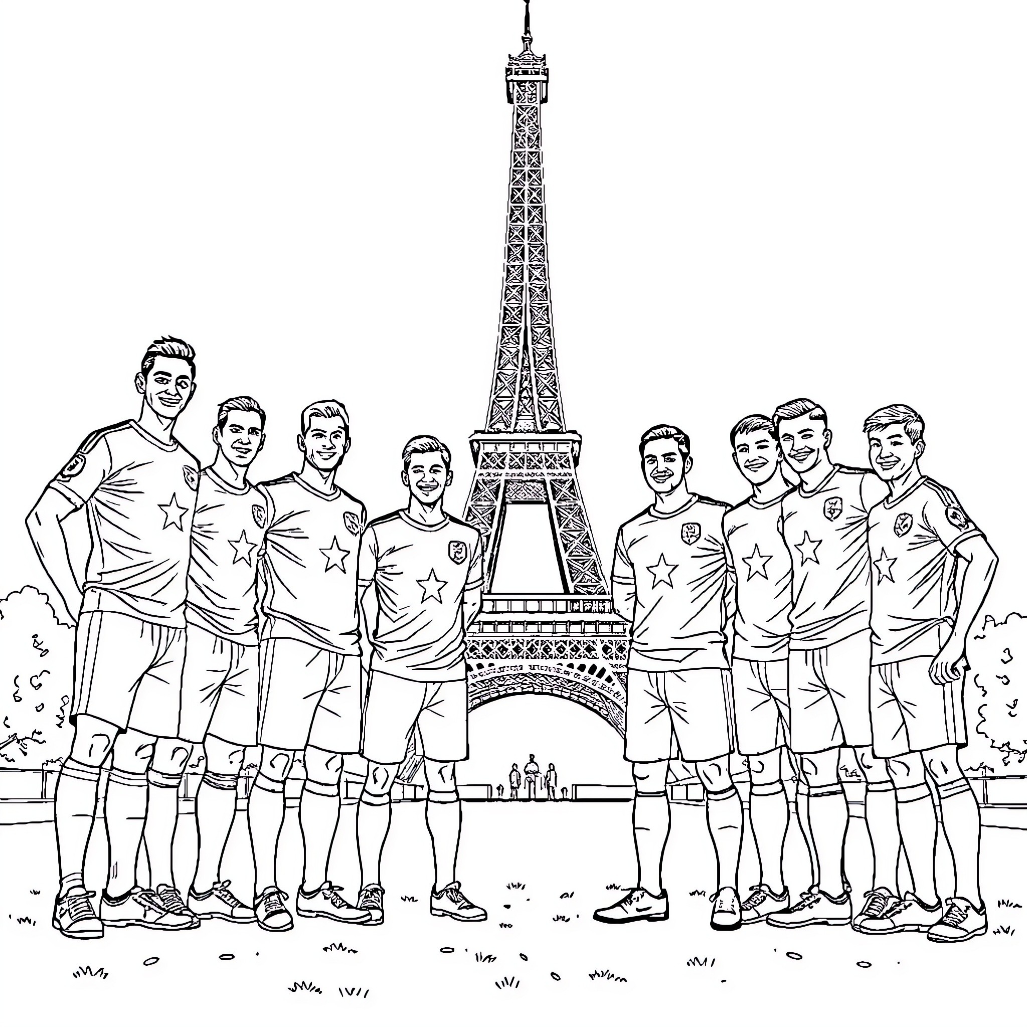 Football Team Posing in Front of Eiffel Tower Coloring Page (free black-and-white line drawing printable PDF for all, from beginners to advanced learners, including children, teens, adults, and seniors)