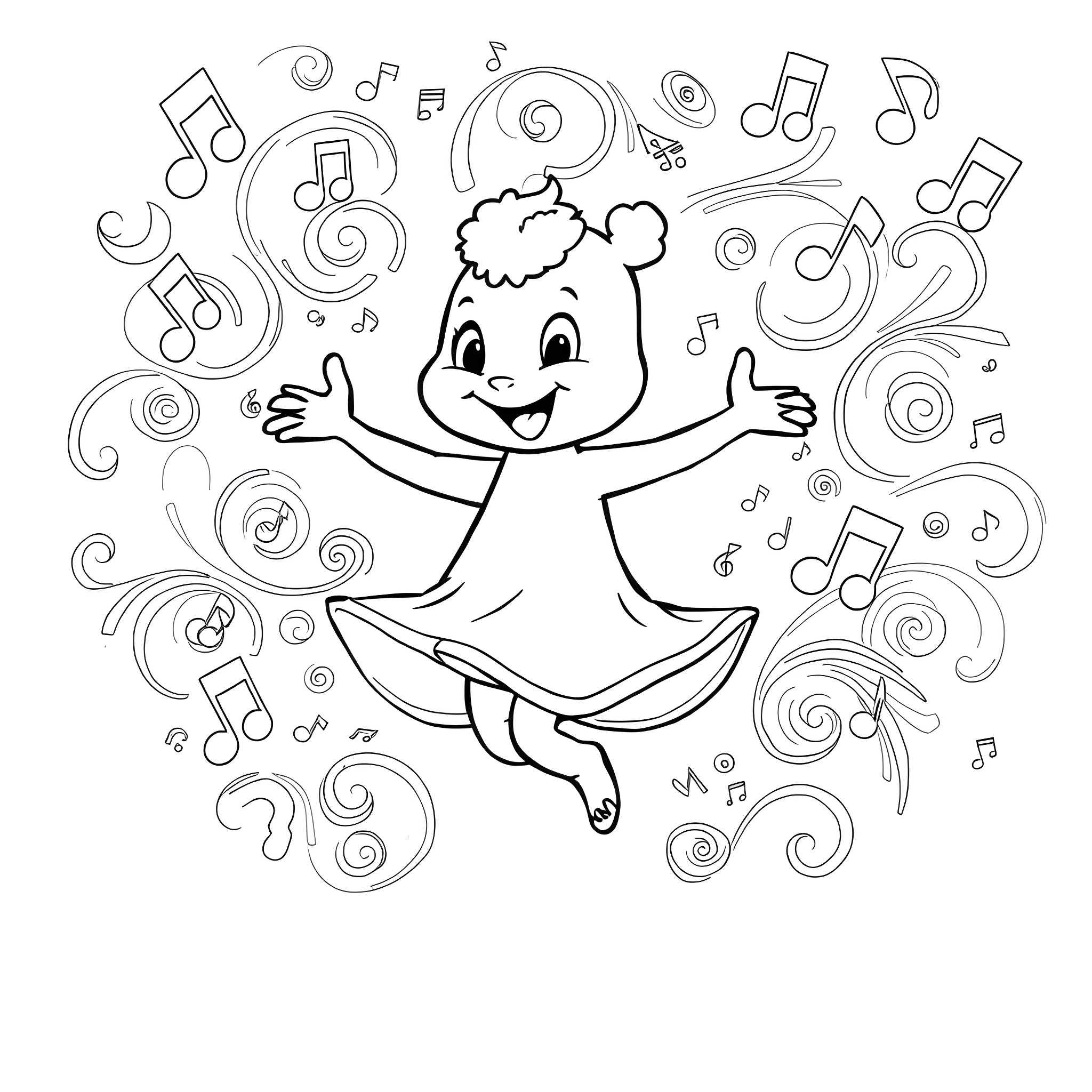 Labubu dancing joyfully with musical notes Coloring Page (free black-and-white line drawing printable PDF for all, from beginners to advanced learners, including children, teens, adults, and seniors)