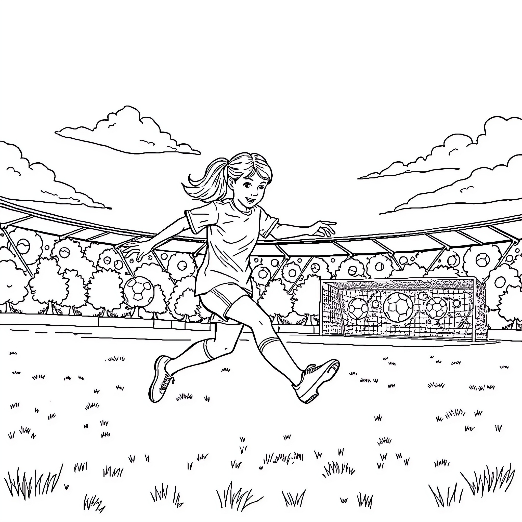 Girl joyfully running on a field Coloring Page (free black-and-white line drawing printable PDF for all, from beginners to advanced learners, including children, teens, adults, and seniors)