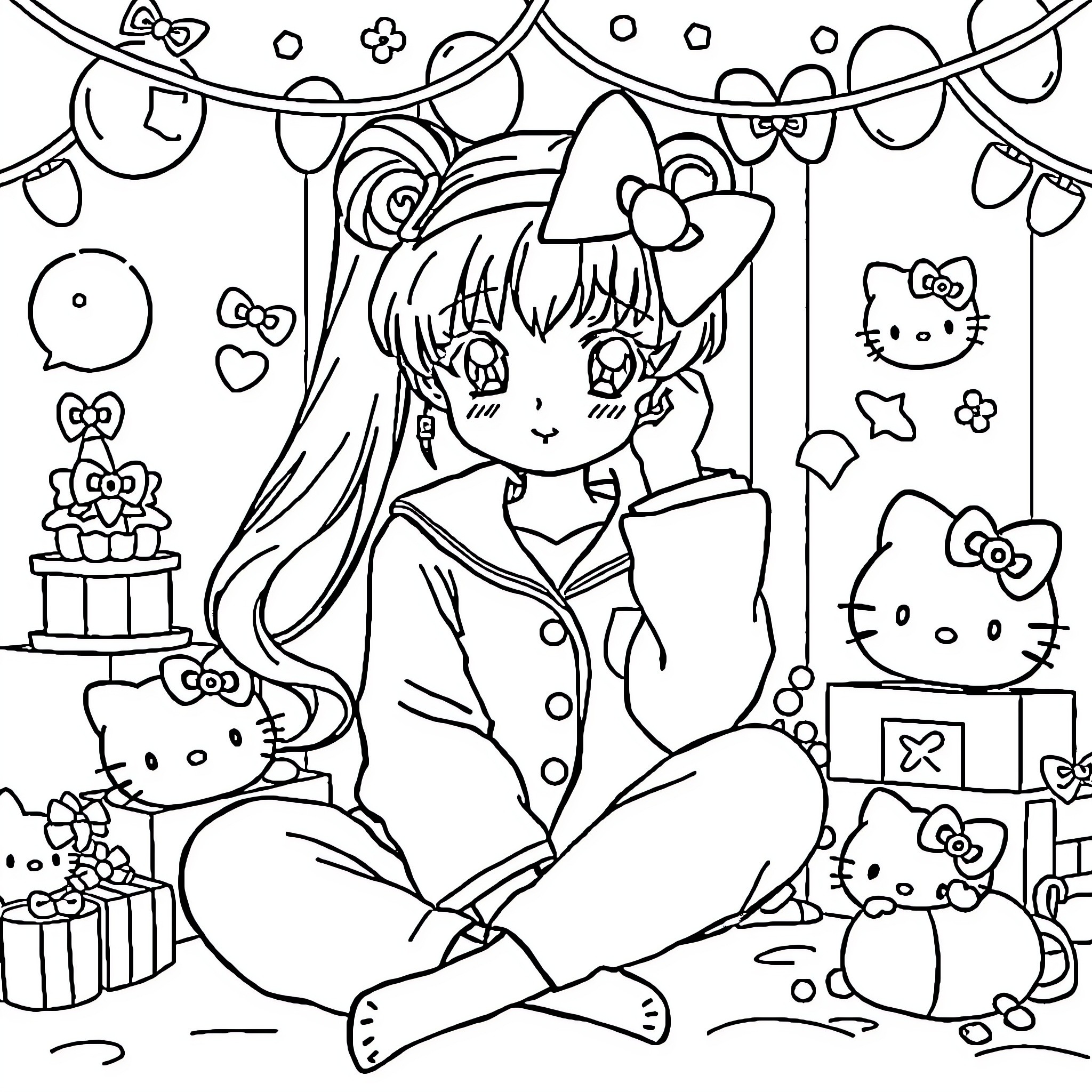Sailormoon enjoying a joyful party with Hello Kitty friends Coloring Page (free black-and-white line drawing printable PDF for all, from beginners to advanced learners, including children, teens, adults, and seniors)