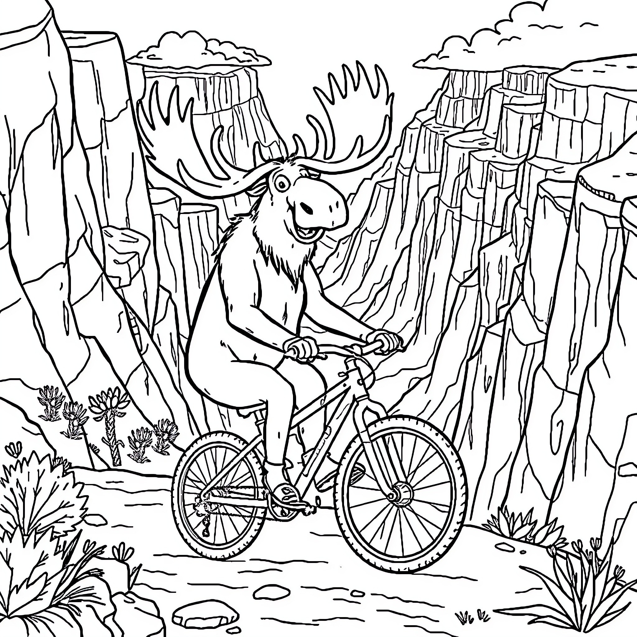 Moose riding a bicycle through the rugged landscape Coloring Page (free black-and-white line drawing printable PDF for all, from beginners to advanced learners, including children, teens, adults, and seniors)