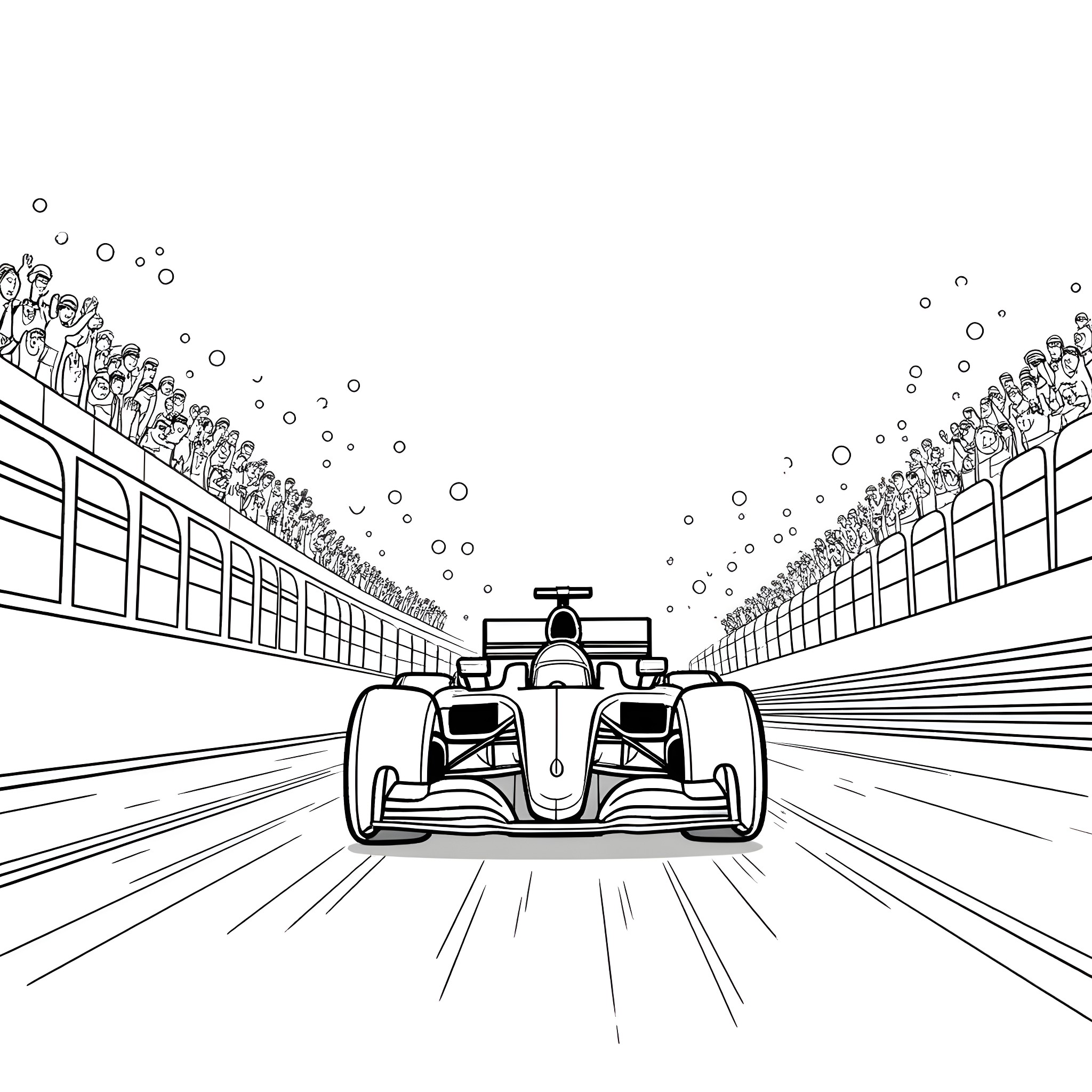 Formula One Car racing on the track Coloring Page (free black-and-white line drawing printable PDF for all, from beginners to advanced learners, including children, teens, adults, and seniors)