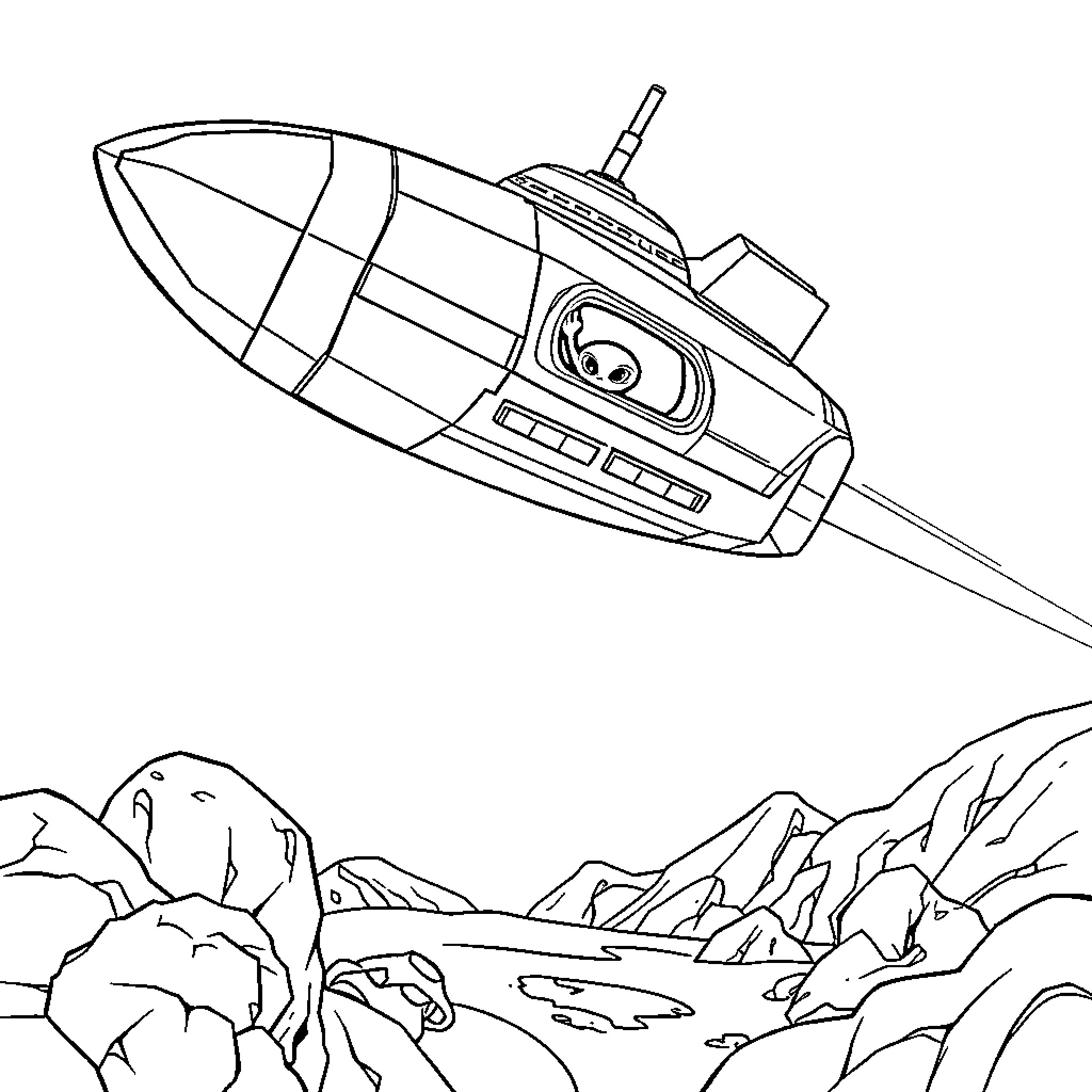 Spaceship exploring rocky alien landscape Coloring Page (free black-and-white line drawing printable PDF for all, from beginners to advanced learners, including children, teens, adults, and seniors)
