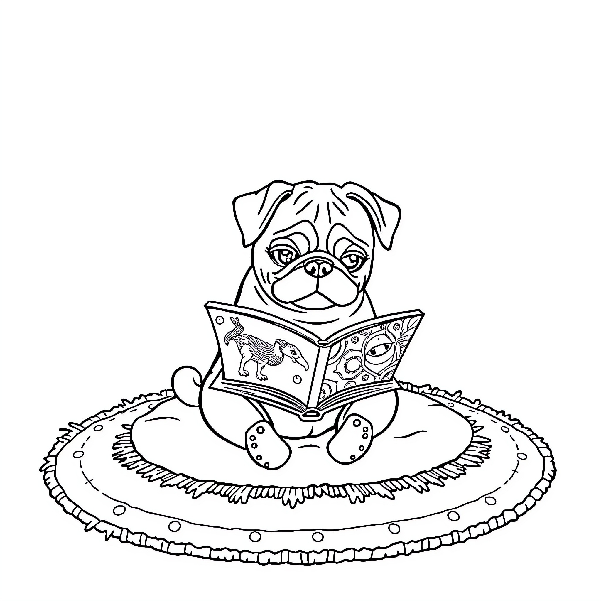 Pug reading book on pillow Coloring Page (free black-and-white line drawing printable PDF for all, from beginners to advanced learners, including children, teens, adults, and seniors)