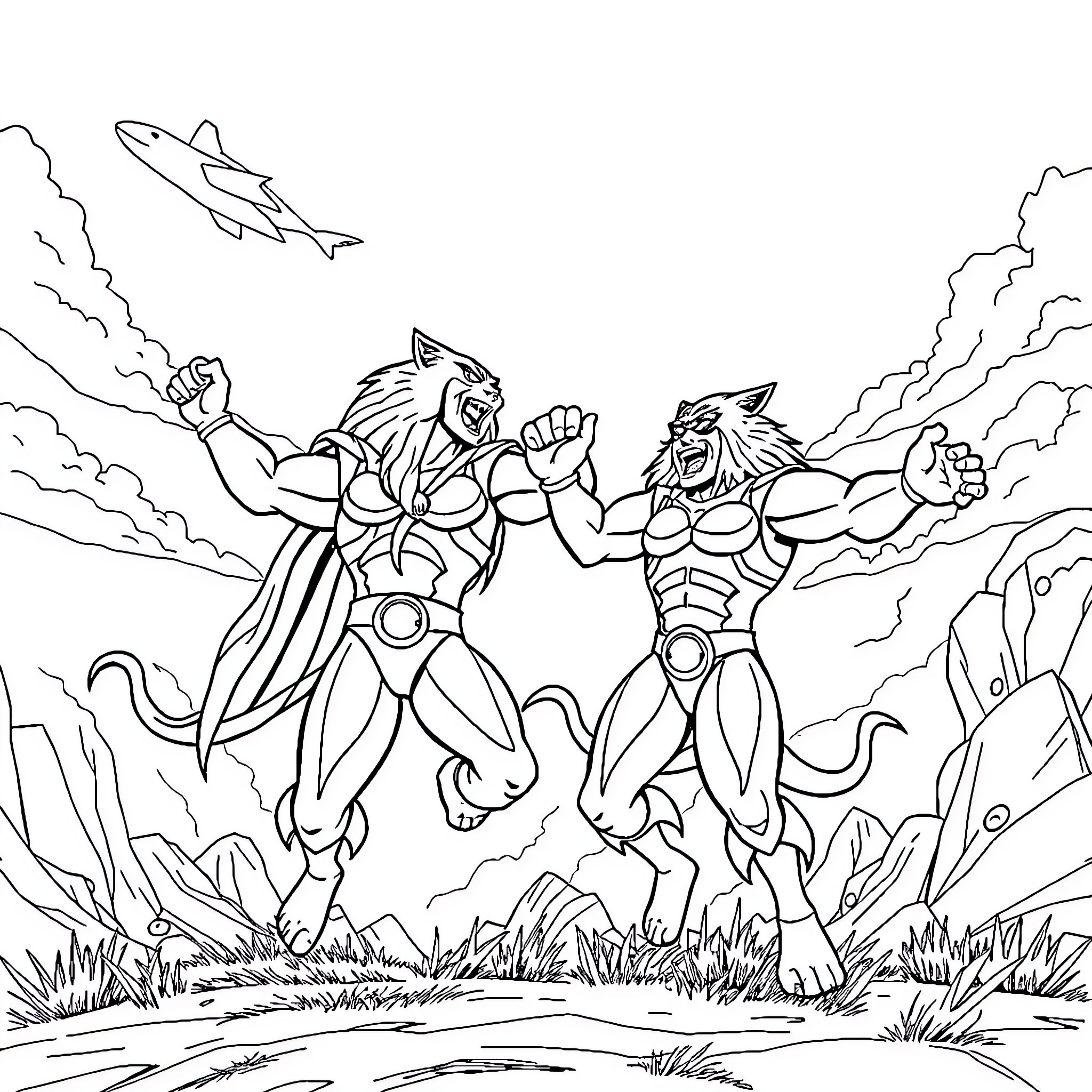 Thundercats battling fiercely in an intense scene Coloring Page (free black-and-white line drawing printable PDF for all, from beginners to advanced learners, including children, teens, adults, and seniors)