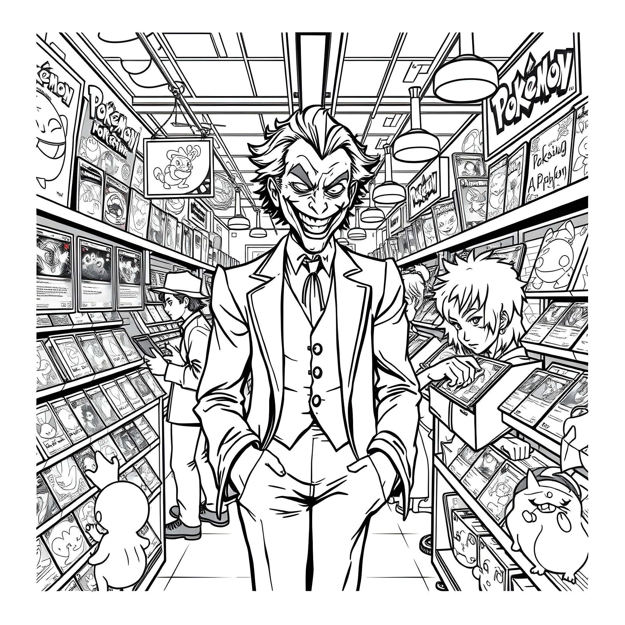 Joker's Mischievous Antics in the Lively Comic Store Coloring Page (free black-and-white line drawing printable PDF for all, from beginners to advanced learners, including children, teens, adults, and seniors)
