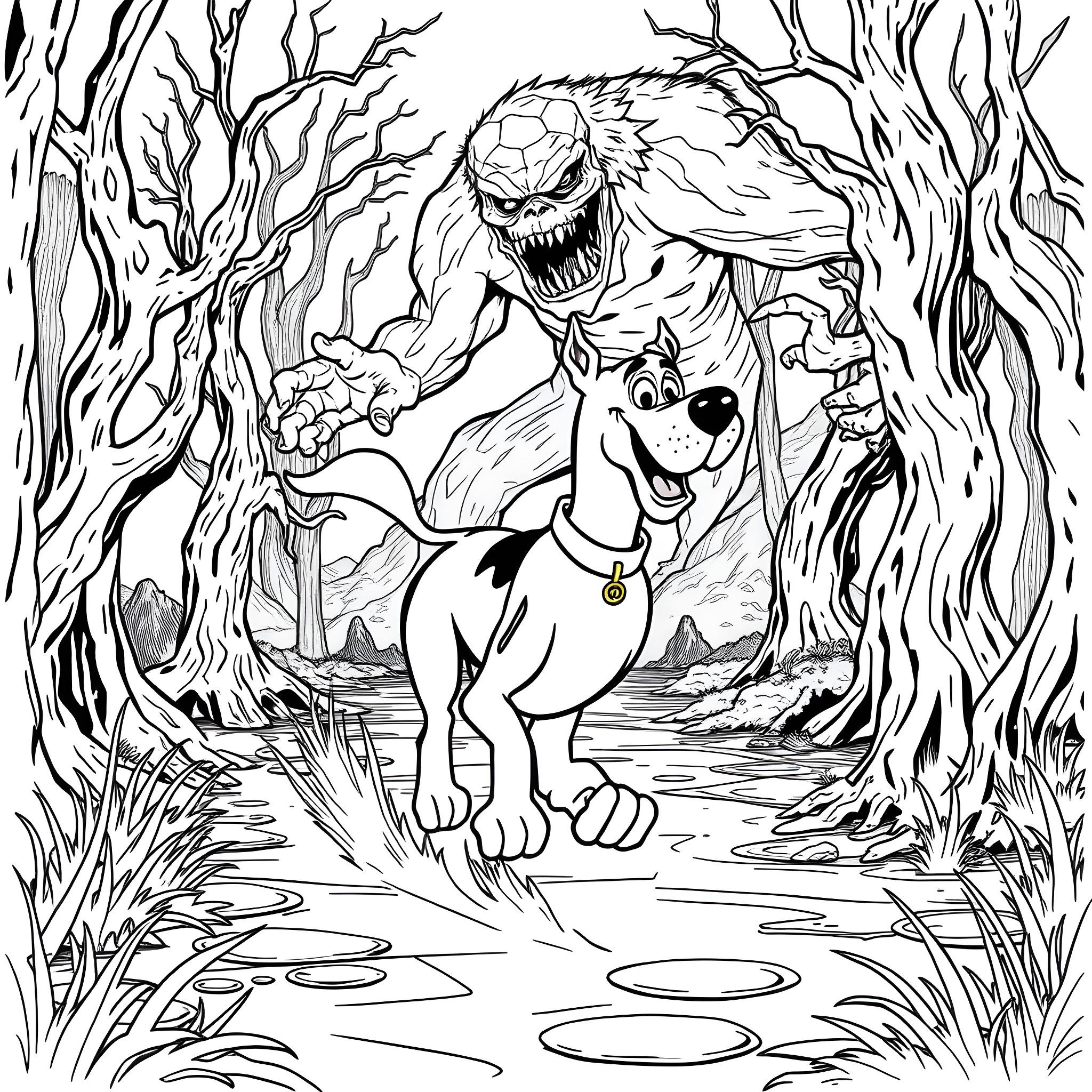 Scooby Doo and the Fearsome Forest Monster Coloring Page (free black-and-white line drawing printable PDF for all, from beginners to advanced learners, including children, teens, adults, and seniors)