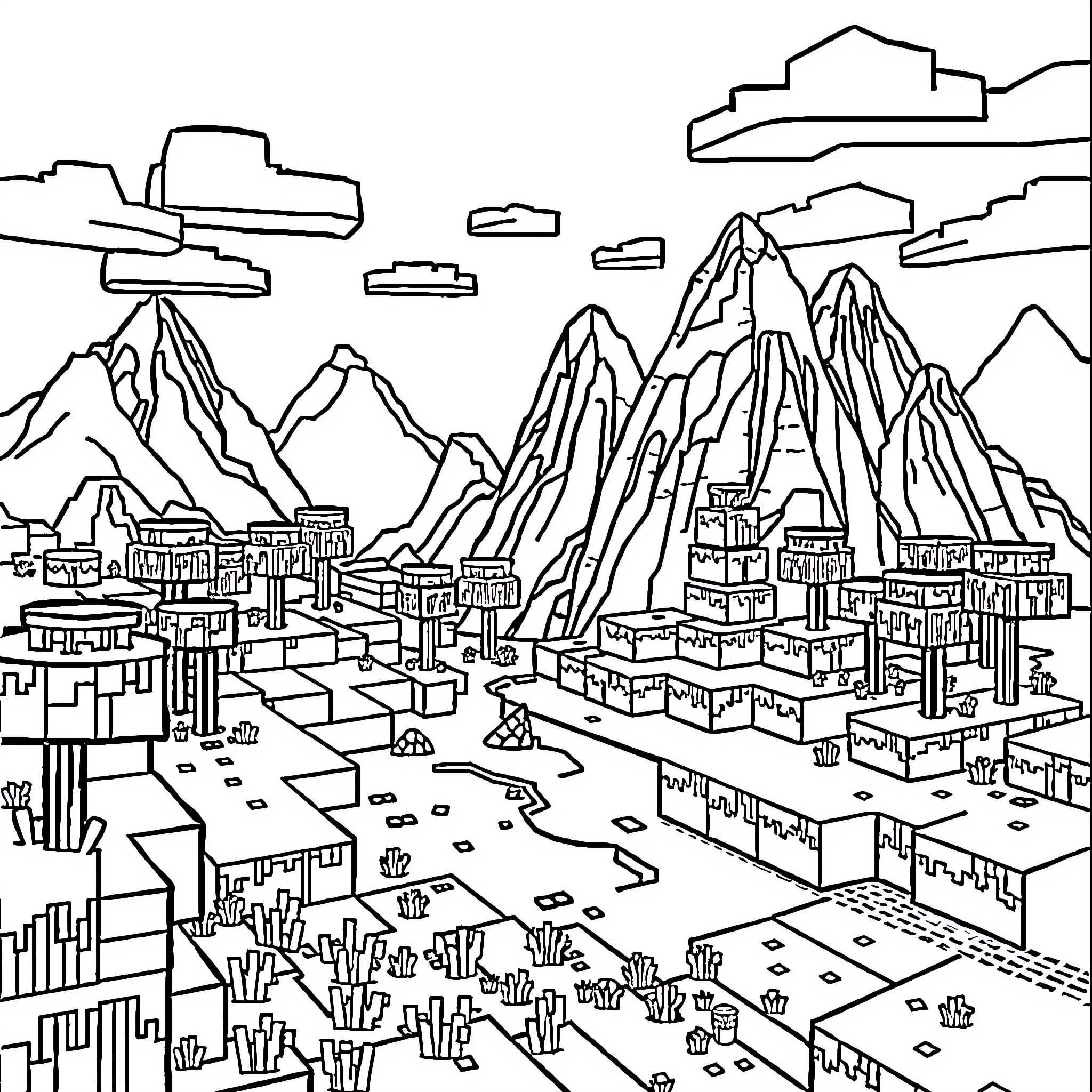 Minecraft Mountainous Cityscape with Floating Structures Coloring Page (free black-and-white line drawing printable PDF for all, from beginners to advanced learners, including children, teens, adults, and seniors)