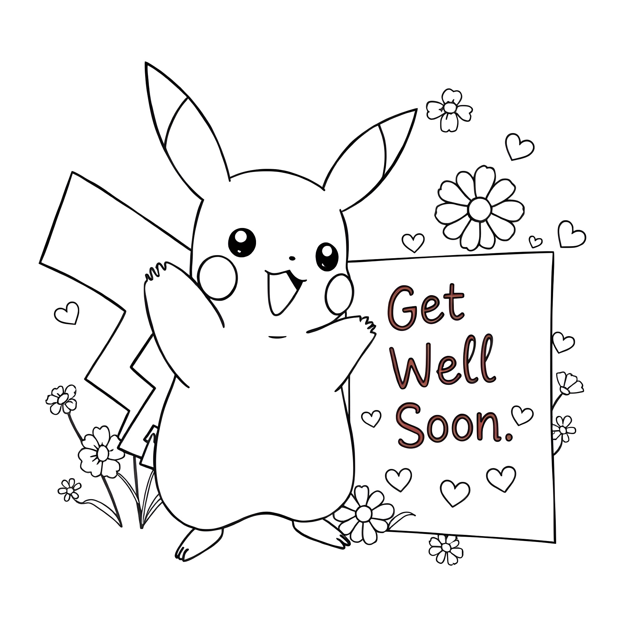 Pikachu with 'Get Well Soon' sign and flowers Coloring Page (free black-and-white line drawing printable PDF for all, from beginners to advanced learners, including children, teens, adults, and seniors)
