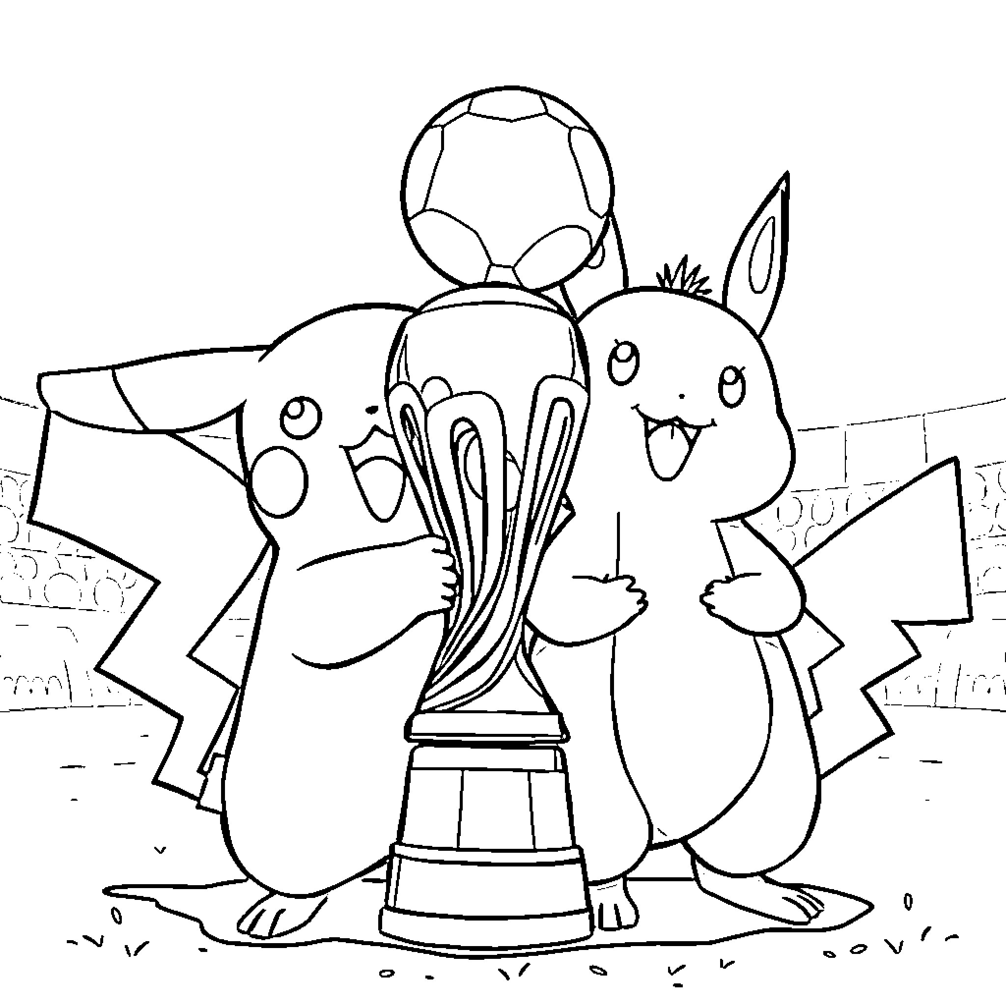 Pikachu and friend celebrating a soccer trophy victory Coloring Page (free black-and-white line drawing printable PDF for all, from beginners to advanced learners, including children, teens, adults, and seniors)