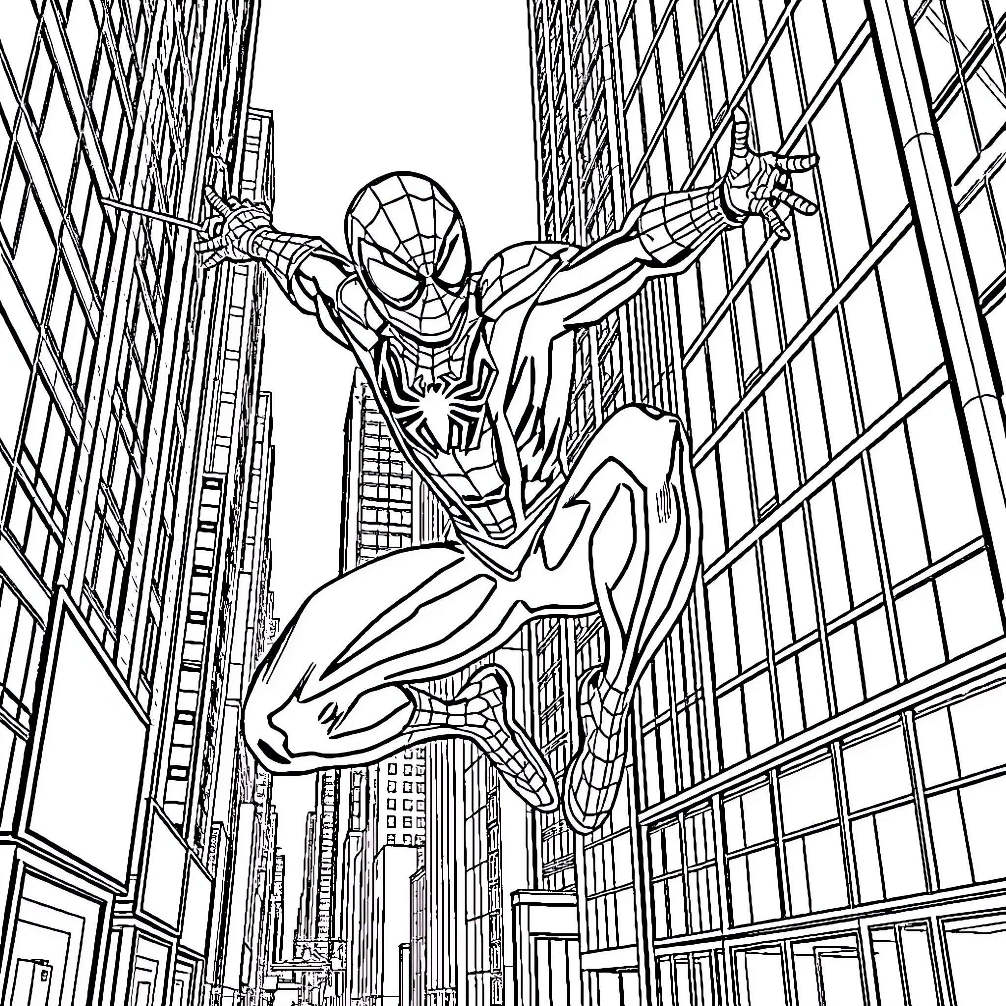 Spiderman swinging through the city skyline Coloring Page (free black-and-white line drawing printable PDF for all, from beginners to advanced learners, including children, teens, adults, and seniors)