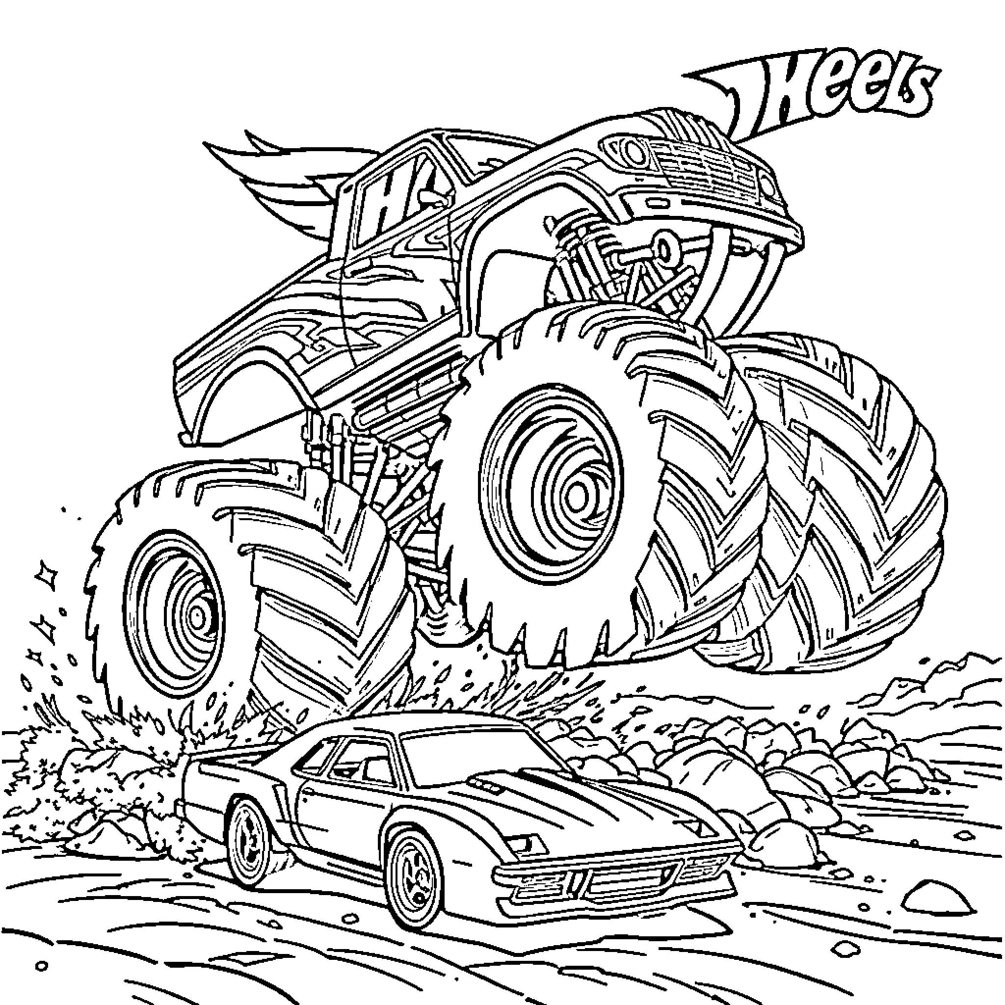 Monster Truck Crushing Classic Sports Car on the Trail Coloring Page (free black-and-white line drawing printable PDF for all, from beginners to advanced learners, including children, teens, adults, and seniors)